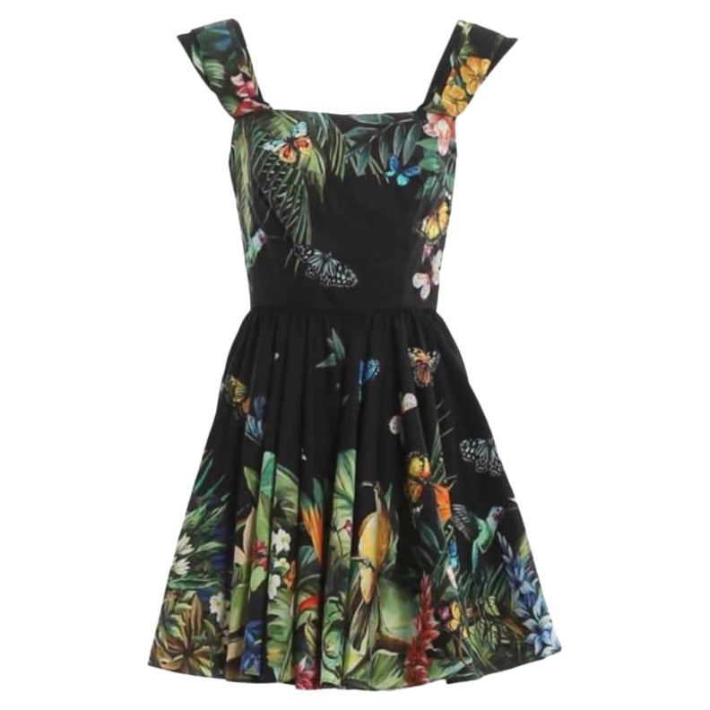 Dolce & Gabbana Black Multicolor Jungle Tropical Print Mini Dress Cotton Floral