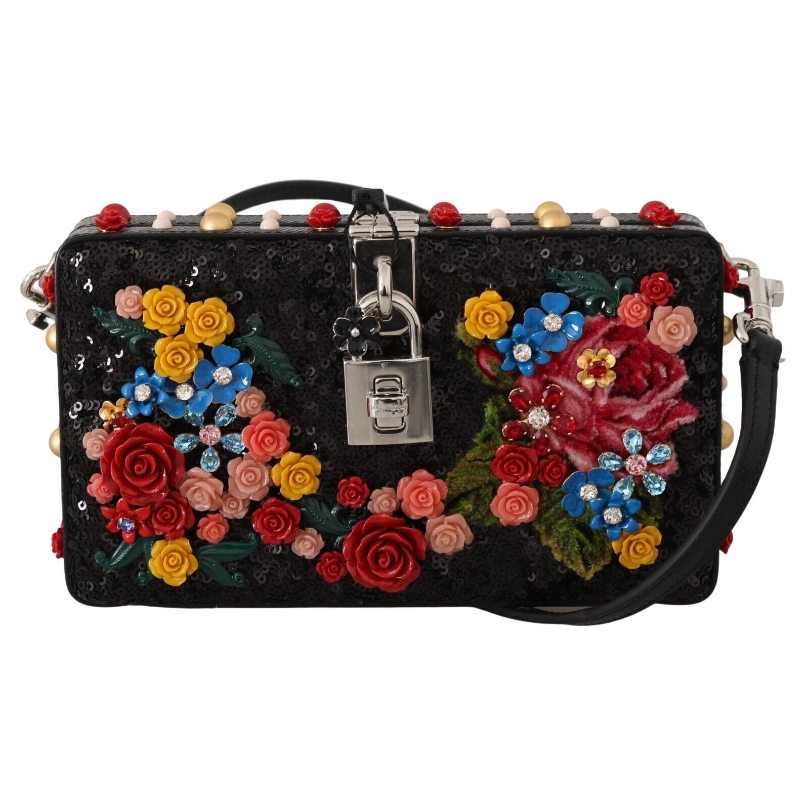 Dolce and Gabbana Black Multicolor Leather Floral DG Box Handbag Shoulder  Bag For Sale at 1stDibs
