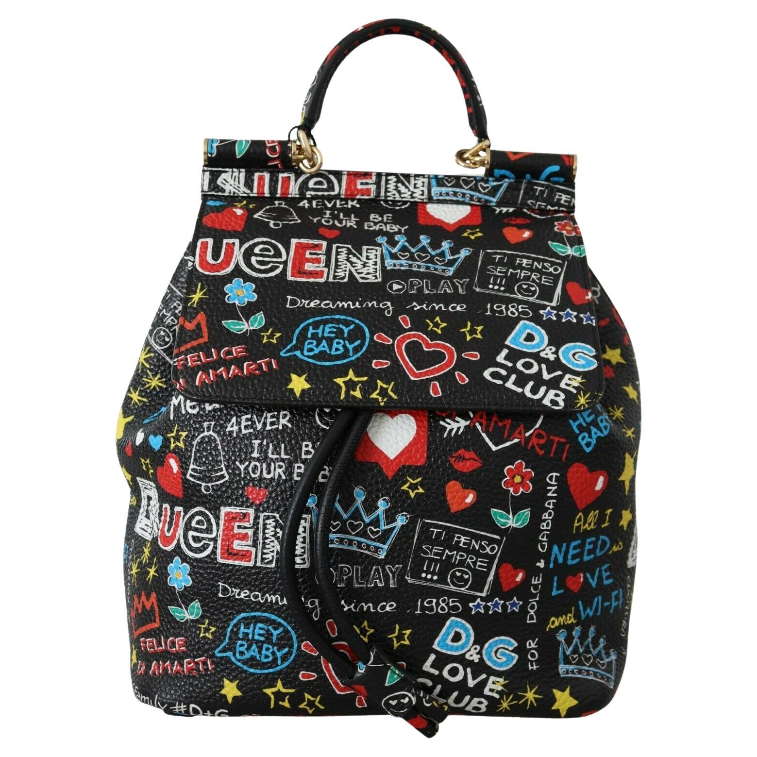 Dolce & Gabbana Black Multicolor Leather Queen Love Backpack Bag Travel DG Logo  For Sale