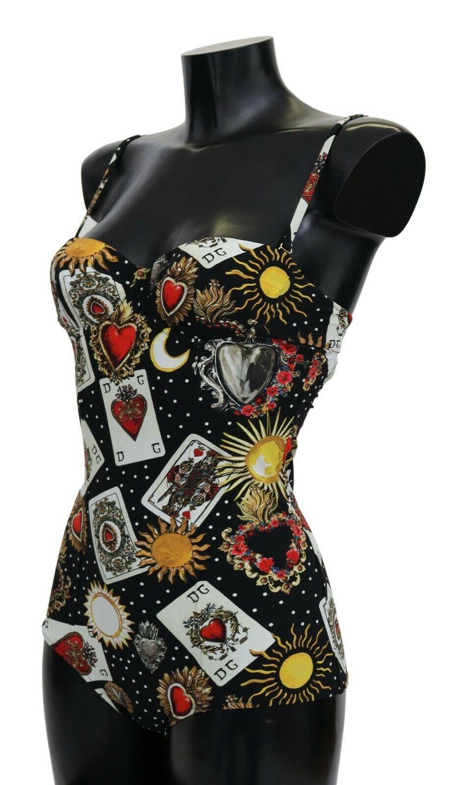 Dolce & Gabbana Black Multicolor Play Cards One Piece Swimsuit Swimwear Bikini In New Condition For Sale In WELWYN, GB