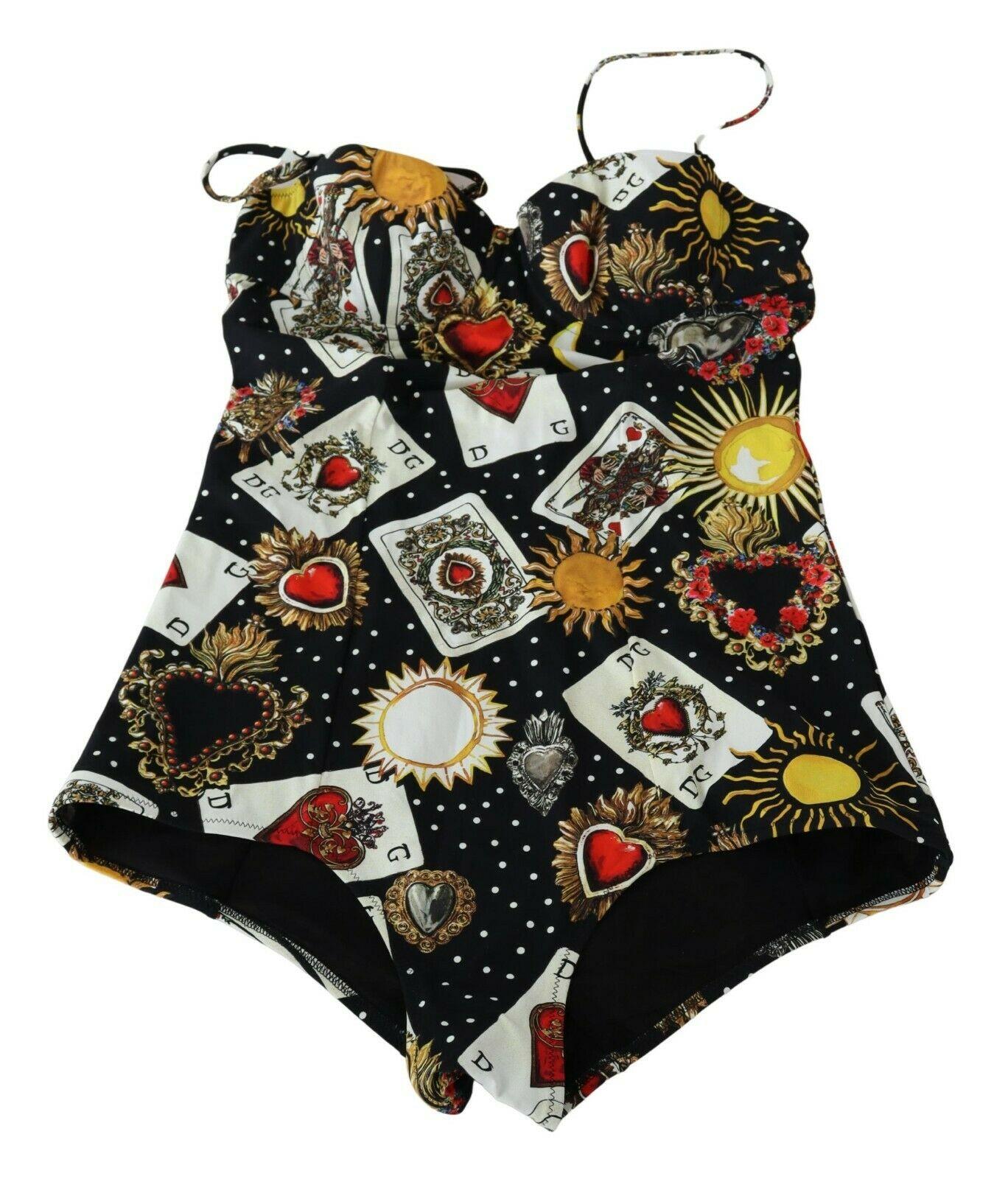 Dolce & Gabbana Black Multicolor Play Cards One Piece Swimsuit Swimwear Bikini For Sale 1