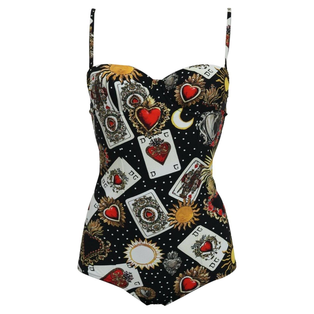 Dolce & Gabbana Black Multicolor Play Cards One Piece Swimsuit Swimwear Bikini For Sale