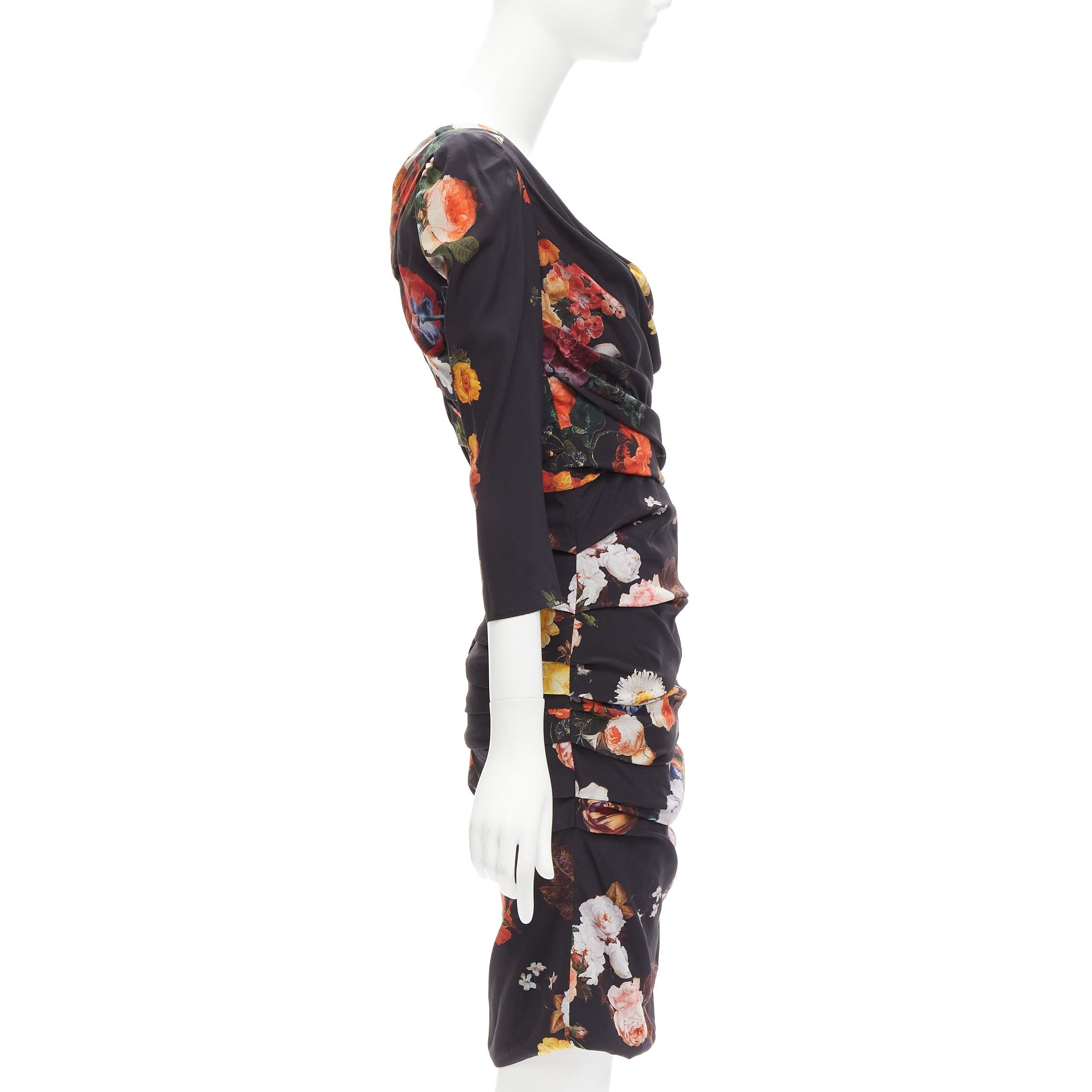 Black DOLCE GABBANA black multicolour silk blend floral print ruched dress IT42 M For Sale