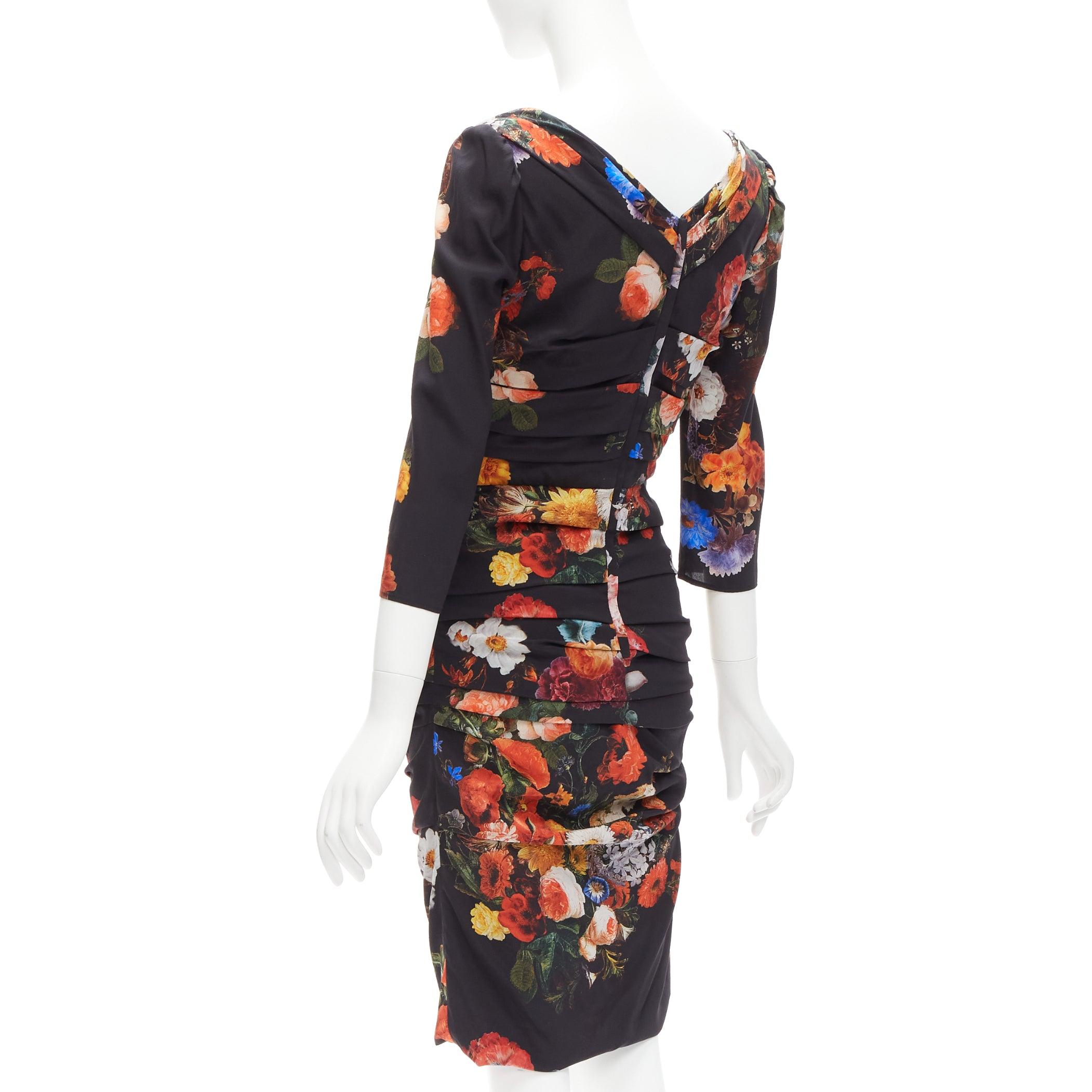 Women's DOLCE GABBANA black multicolour silk blend floral print ruched dress IT42 M For Sale