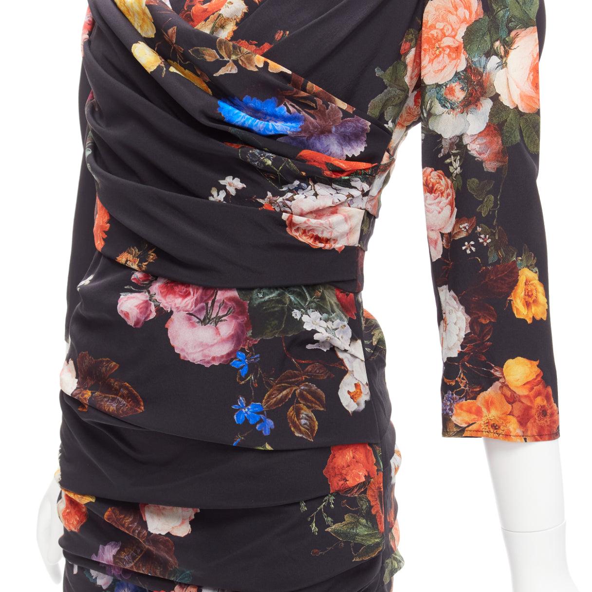 DOLCE GABBANA black multicolour silk blend floral print ruched dress IT42 M For Sale 1