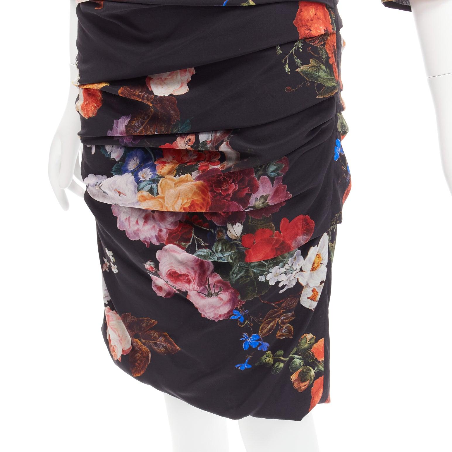 DOLCE GABBANA black multicolour silk blend floral print ruched dress IT42 M For Sale 2