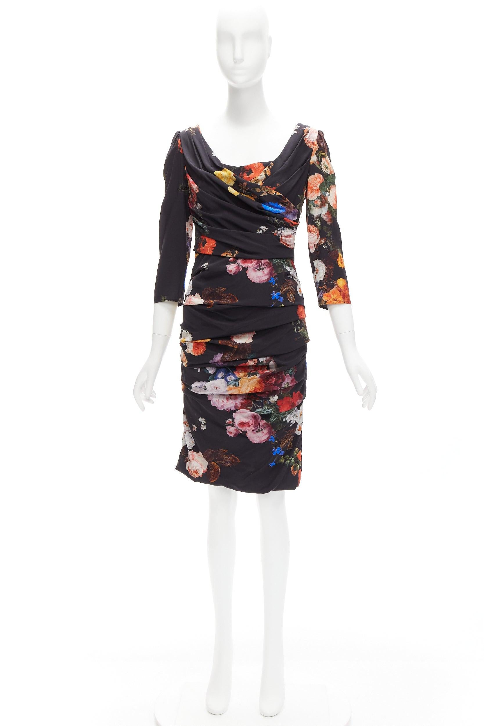 DOLCE GABBANA black multicolour silk blend floral print ruched dress IT42 M For Sale 4