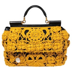 Dolce & Gabbana Black/Mustard Crochet and Leather Large Sicily Top Handle Bag