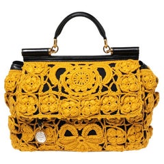 Dolce & Gabbana Schwarz/Mustard gehäkelt und Leder große sizilienische Henkeltasche