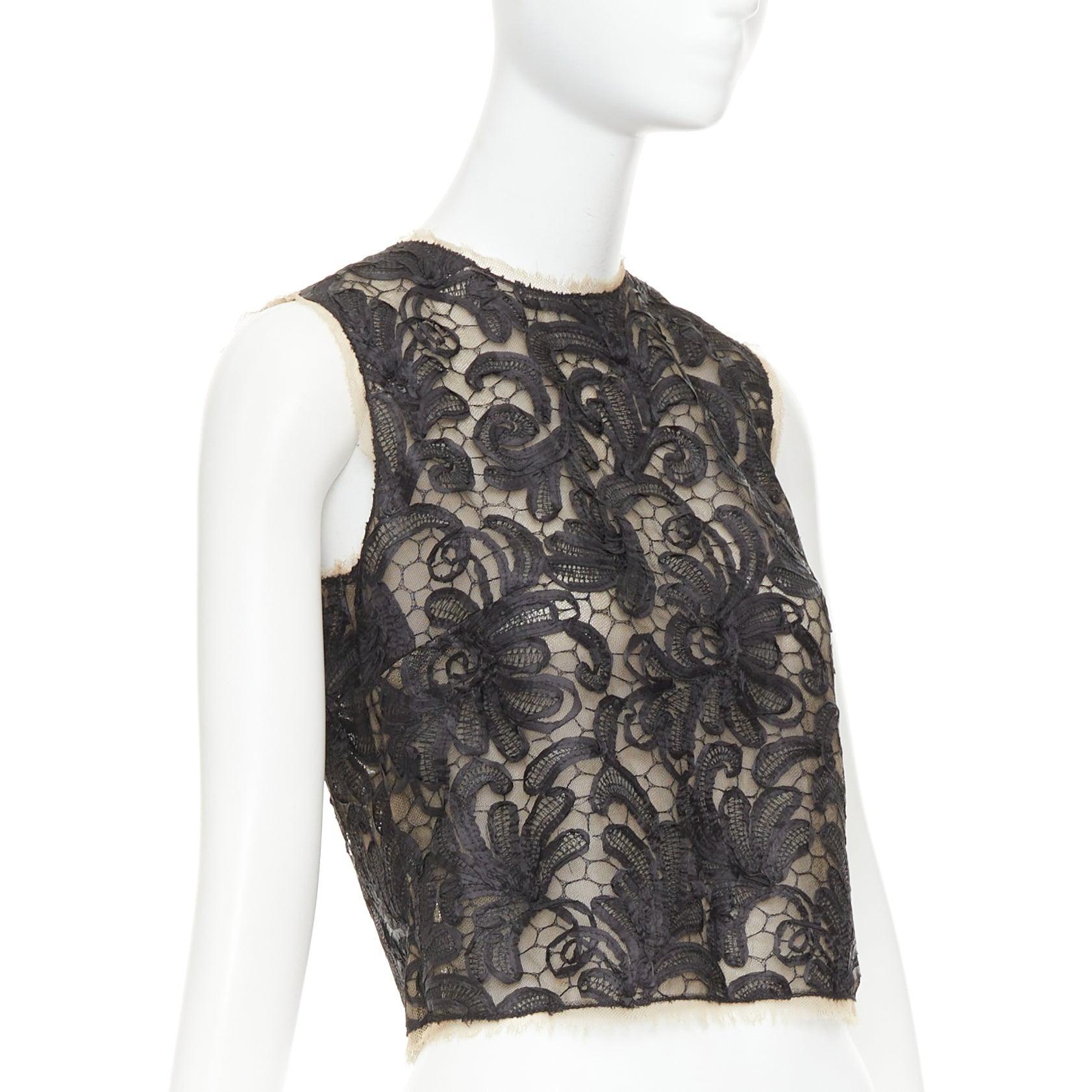 Nero DOLCE GABBANA nero nudo sovrapposizione applique pizzo girocollo crop top IT40 S in vendita