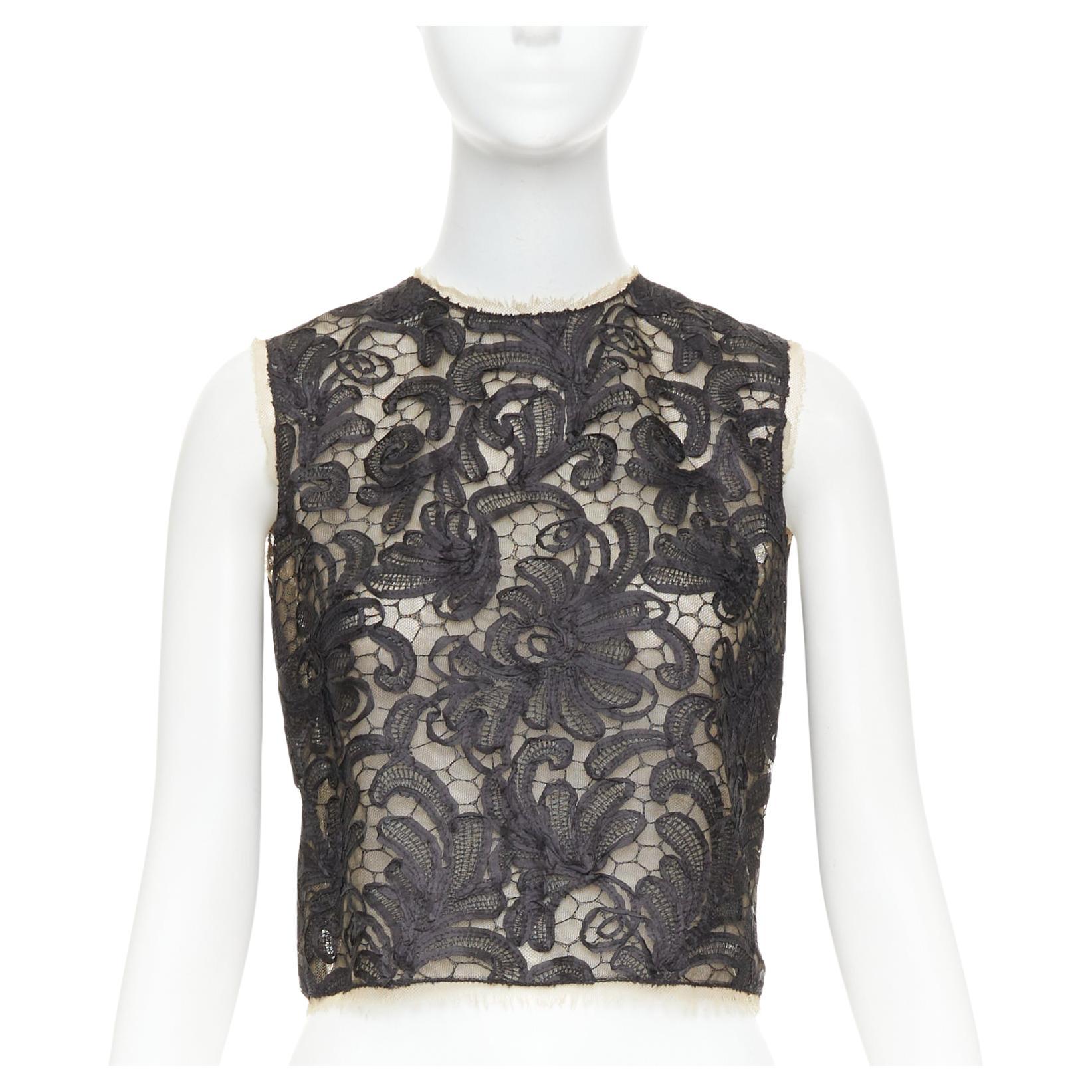 DOLCE GABBANA black nude overlay applique lace crew neck crop top IT40 S