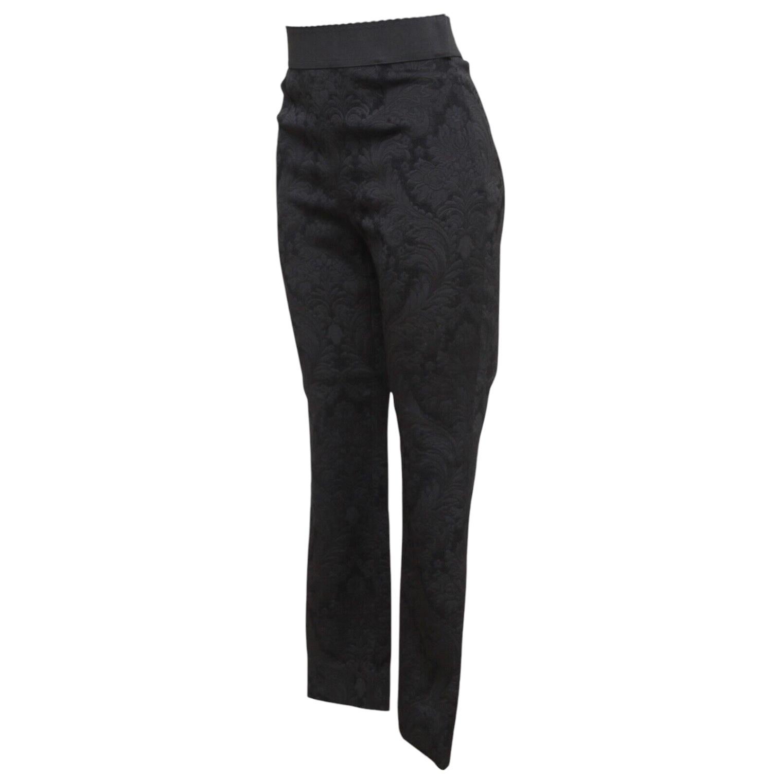 DOLCE & GABBANA Black Pants Brocade Floral Skinny Leg Elastic Waist Zipper Sz 38 In Excellent Condition For Sale In Hollywood, FL