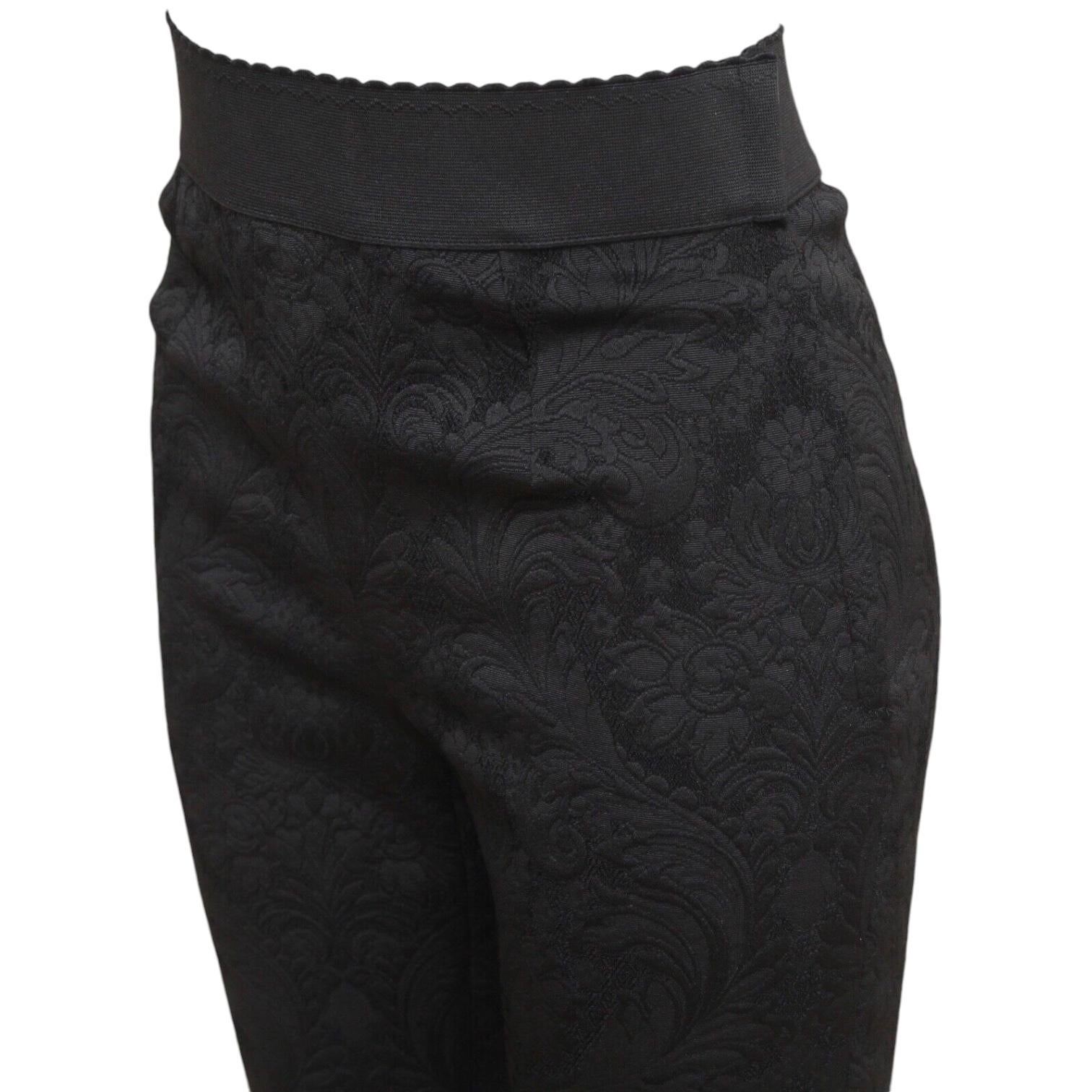 Women's DOLCE & GABBANA Black Pants Brocade Floral Skinny Leg Elastic Waist Zipper Sz 38 For Sale