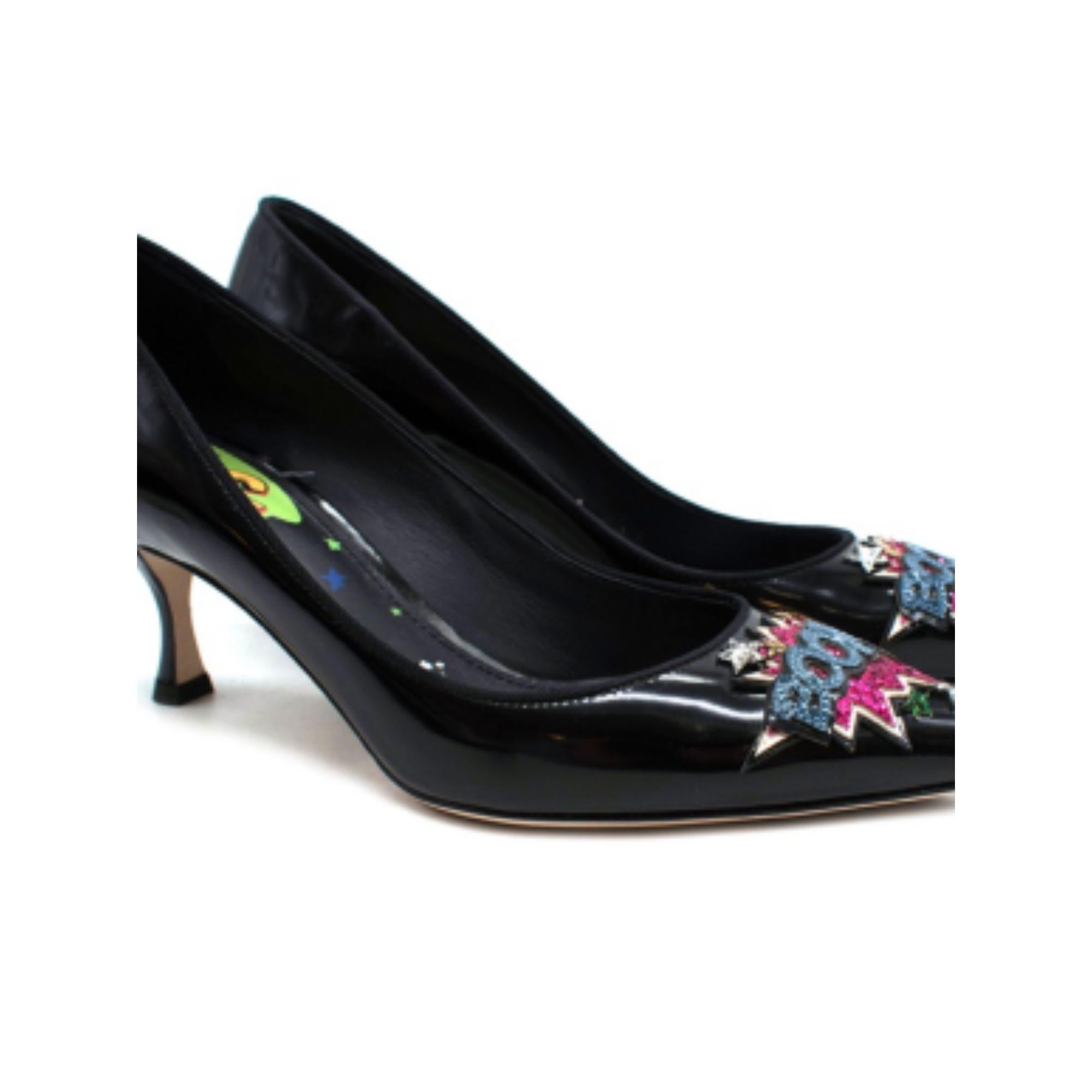 Dolce & Gabbana Black Patent Comic Embellished Pumps

- Black patent-leather Dolce & Gabbana heels with comic-strip style patch on toe
- Sequin, multi-colour 'Boom' patch and graffiti prints on inner sole
- Pointed-toe
