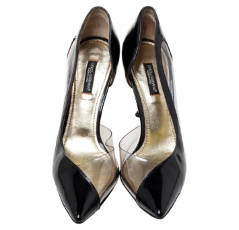 Dolce & Gabbana Black Patent Leather And PVC Pointed Toe Pumps Size 37 For Sale 1