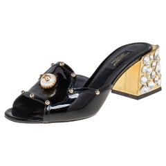 Dolce & Gabbana Black Patent Leather Crystal Embellishment Block Mules Size 36