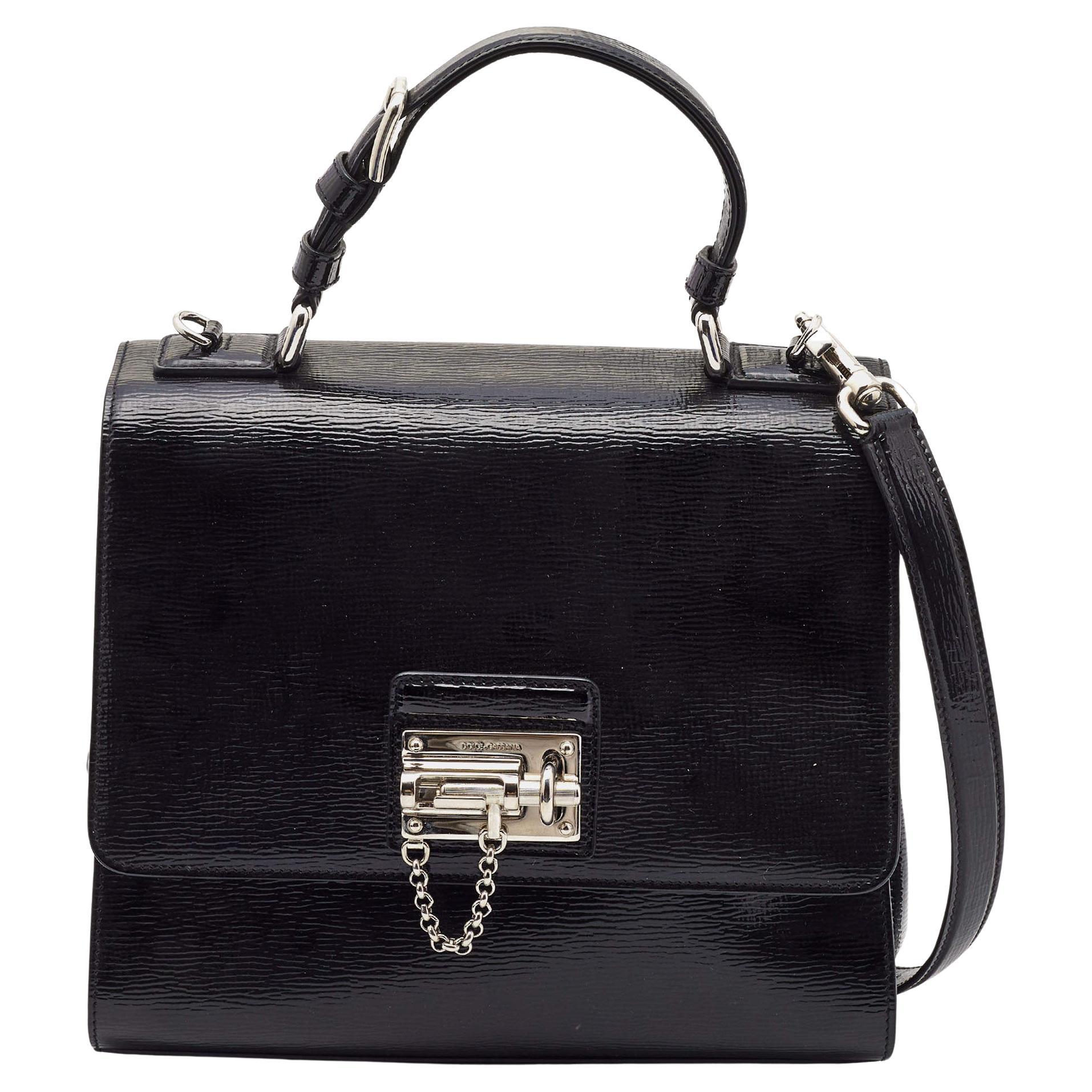 Dolce & Gabbana Black Patent Leather Medium Miss Monica Top Handle Bag For Sale