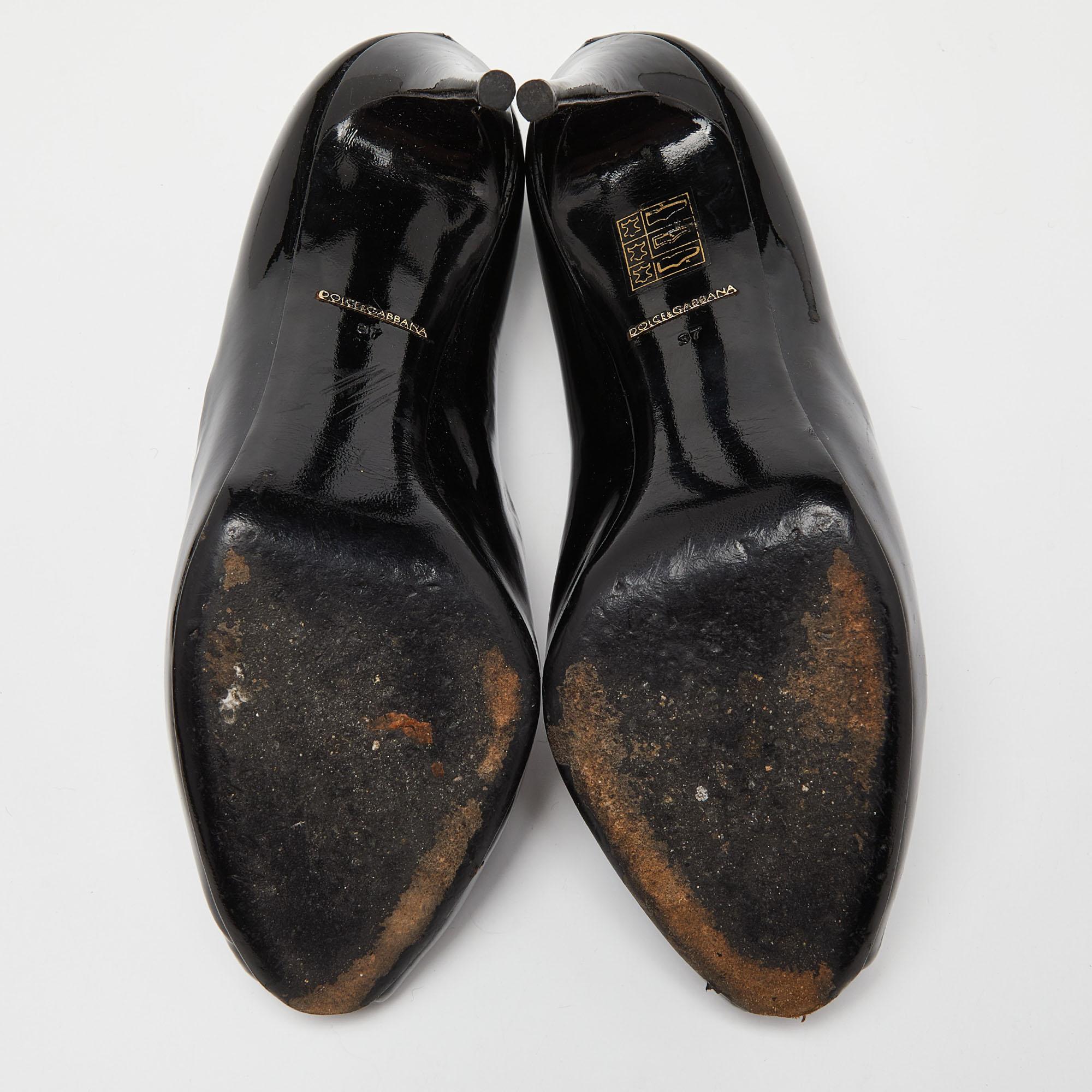 Dolce & Gabbana Black Patent Leather Platform Peep Toe Pumps Size 37 For Sale 4