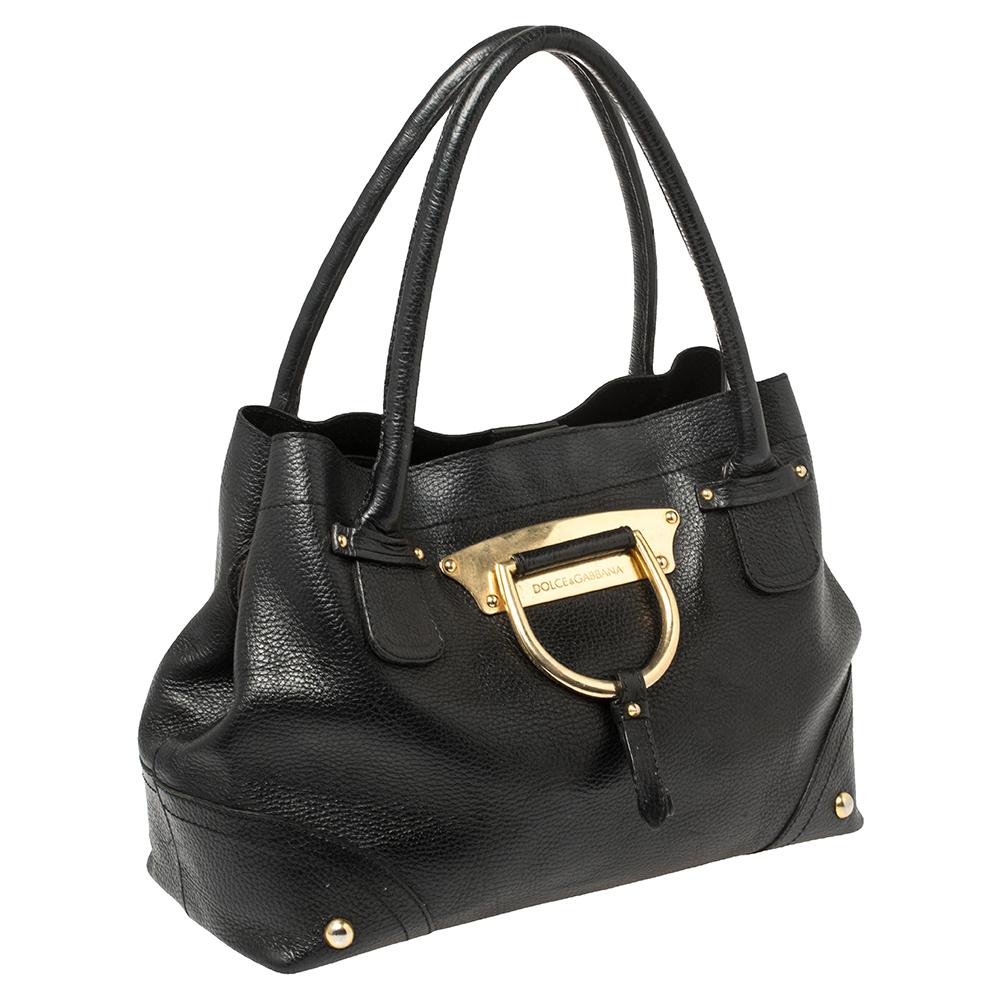 Dolce & Gabbana Black Pebbled Leather D Ring Vintage Tote In Good Condition In Dubai, Al Qouz 2