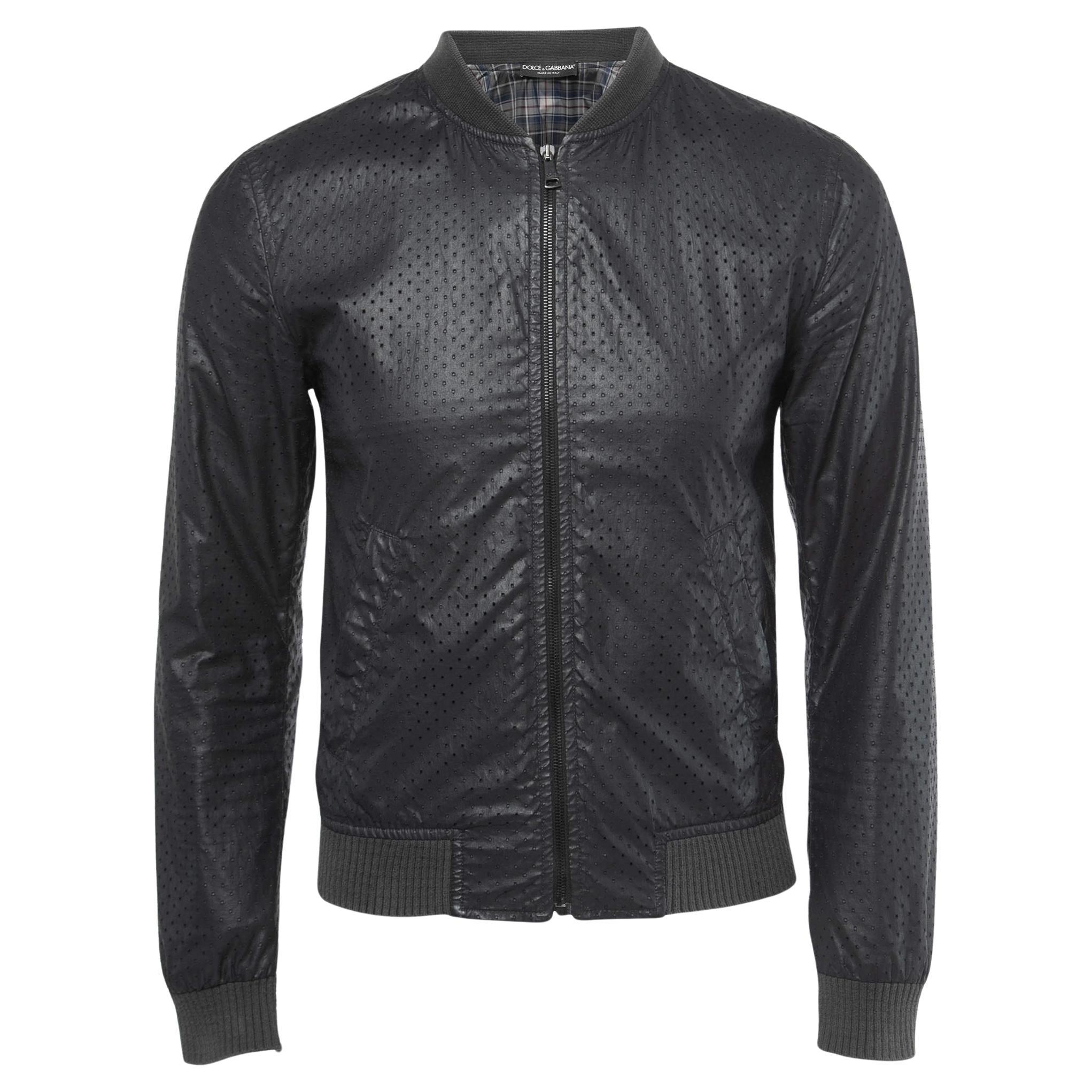 Dolce & Gabbana Black Perforated Cotton Rib Knit Detail Jacket  For Sale