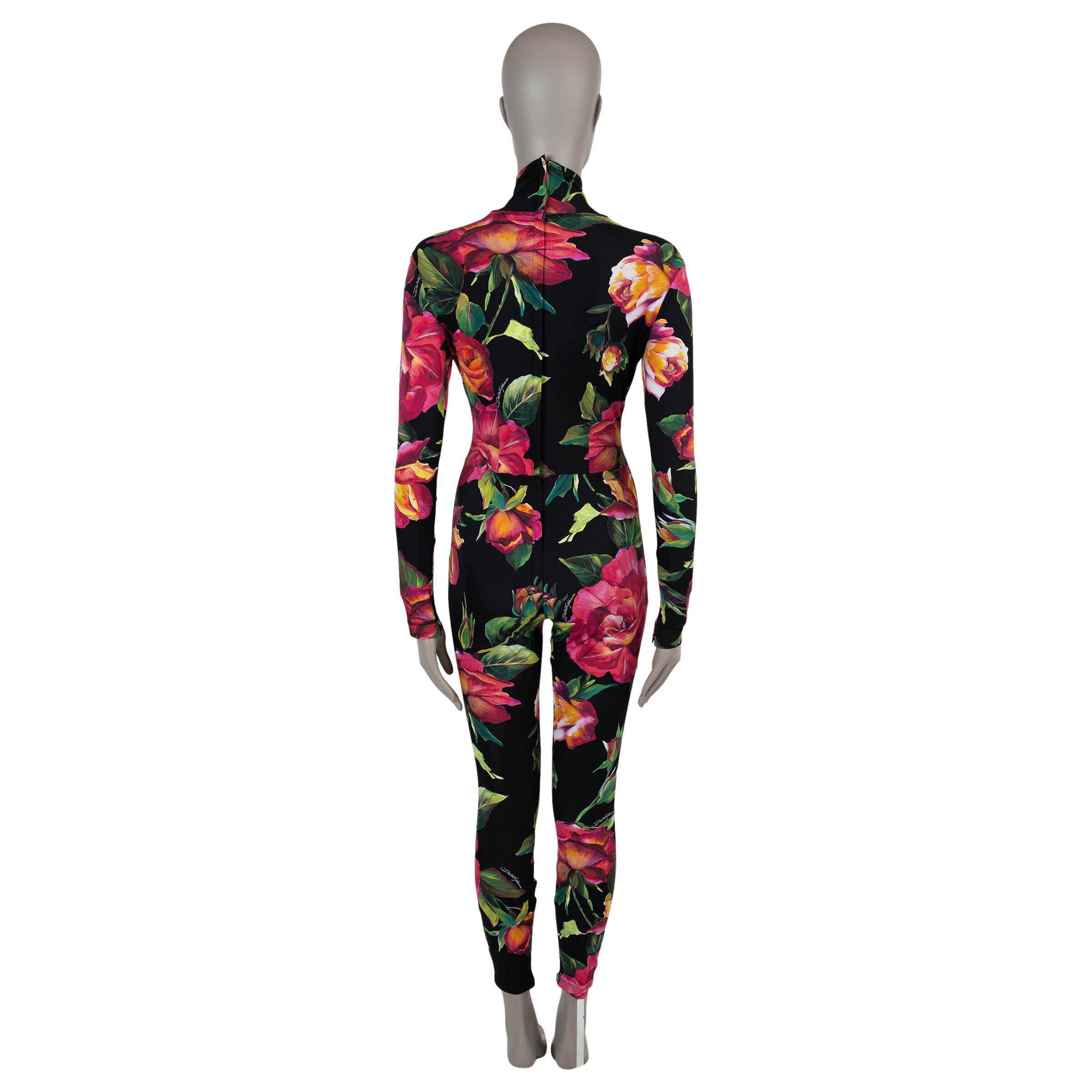 Black DOLCE & GABBANA black & pink 2022 FLORAL STRETCH JERSEY Catsuit Jumpsuit S For Sale