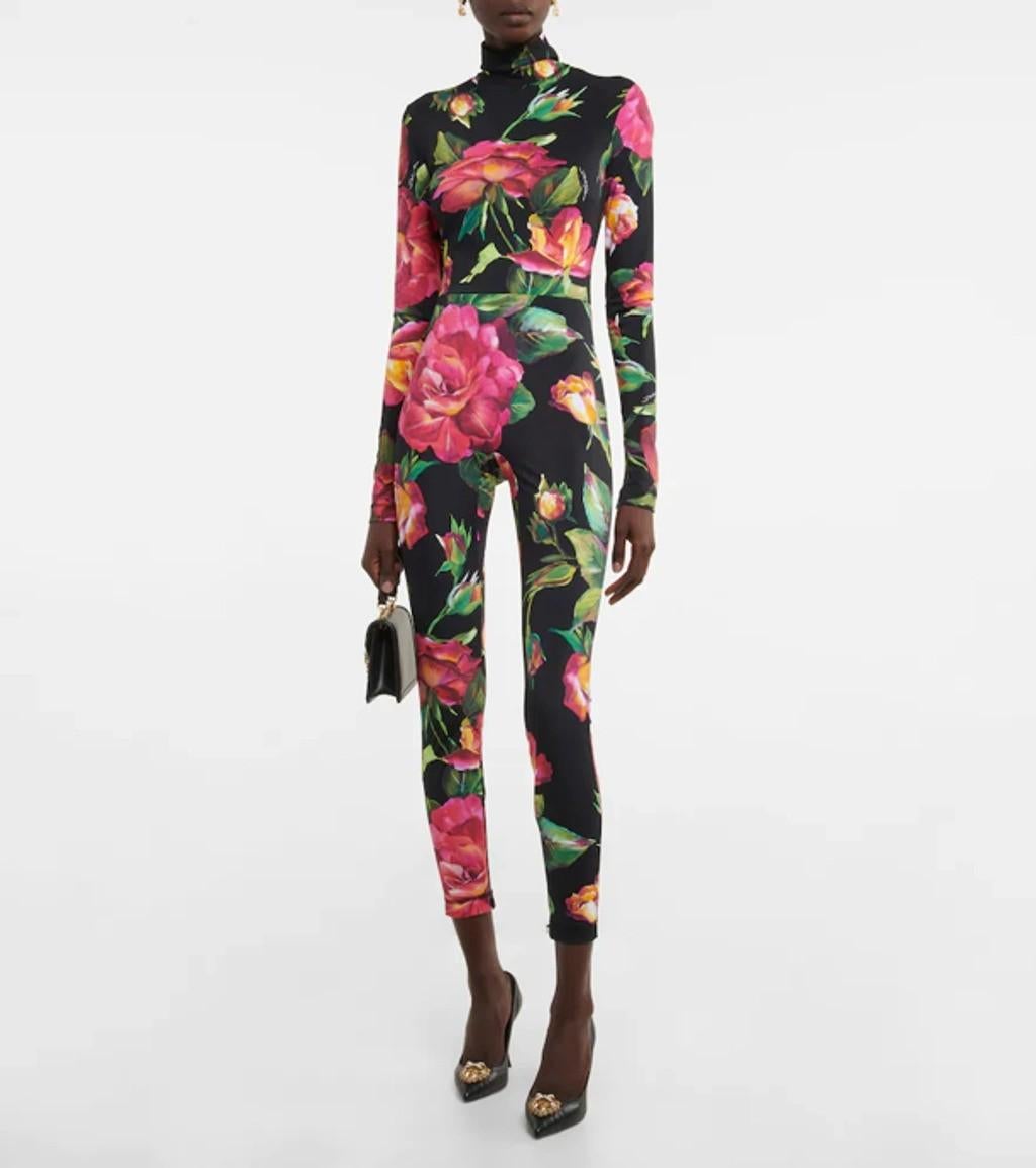 DOLCE & GABBANA black & pink 2022 FLORAL STRETCH JERSEY Catsuit Jumpsuit S For Sale 3