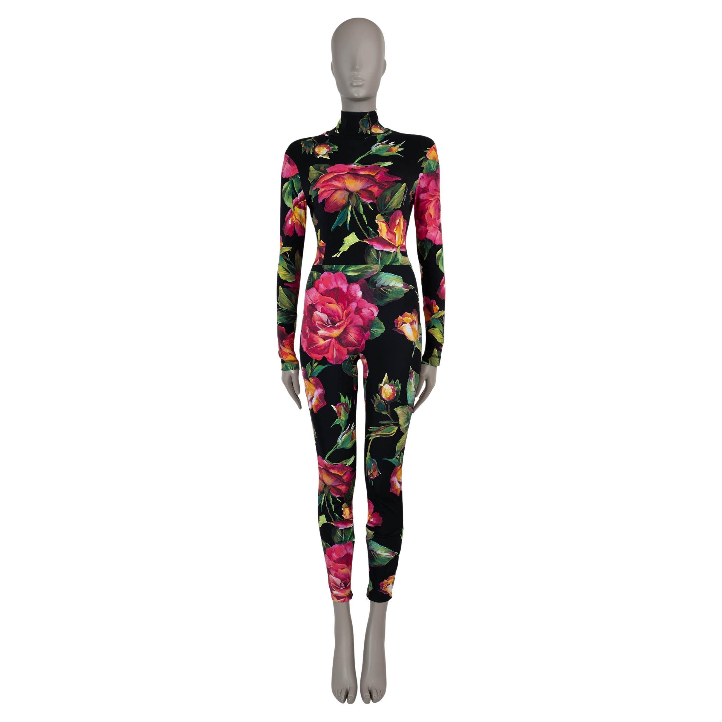 DOLCE & GABBANA black & pink 2022 FLORAL STRETCH JERSEY Catsuit Jumpsuit S For Sale