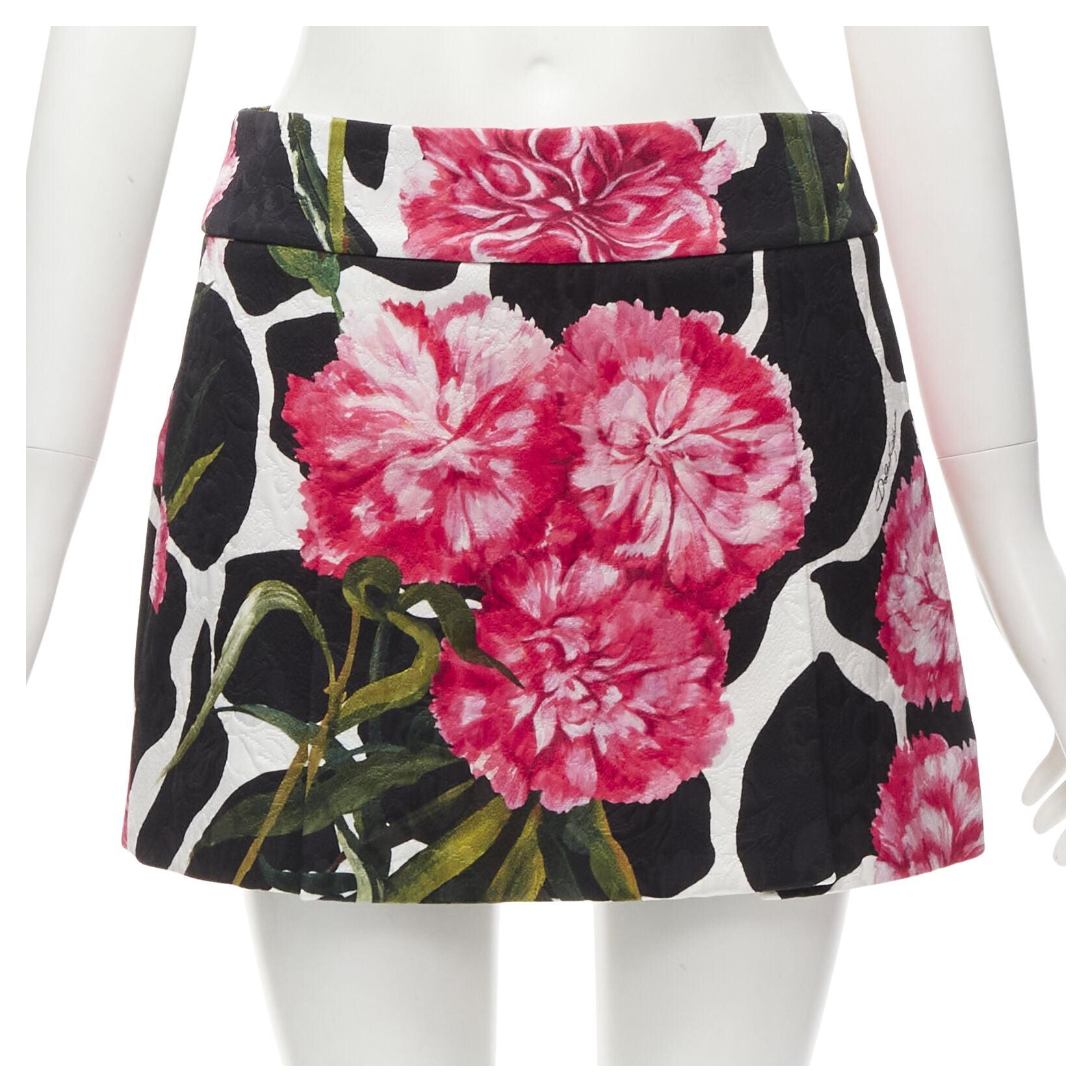 DOLCE GABBANA black pink carnation floral print jacquard mini skirt IT38 XS For Sale