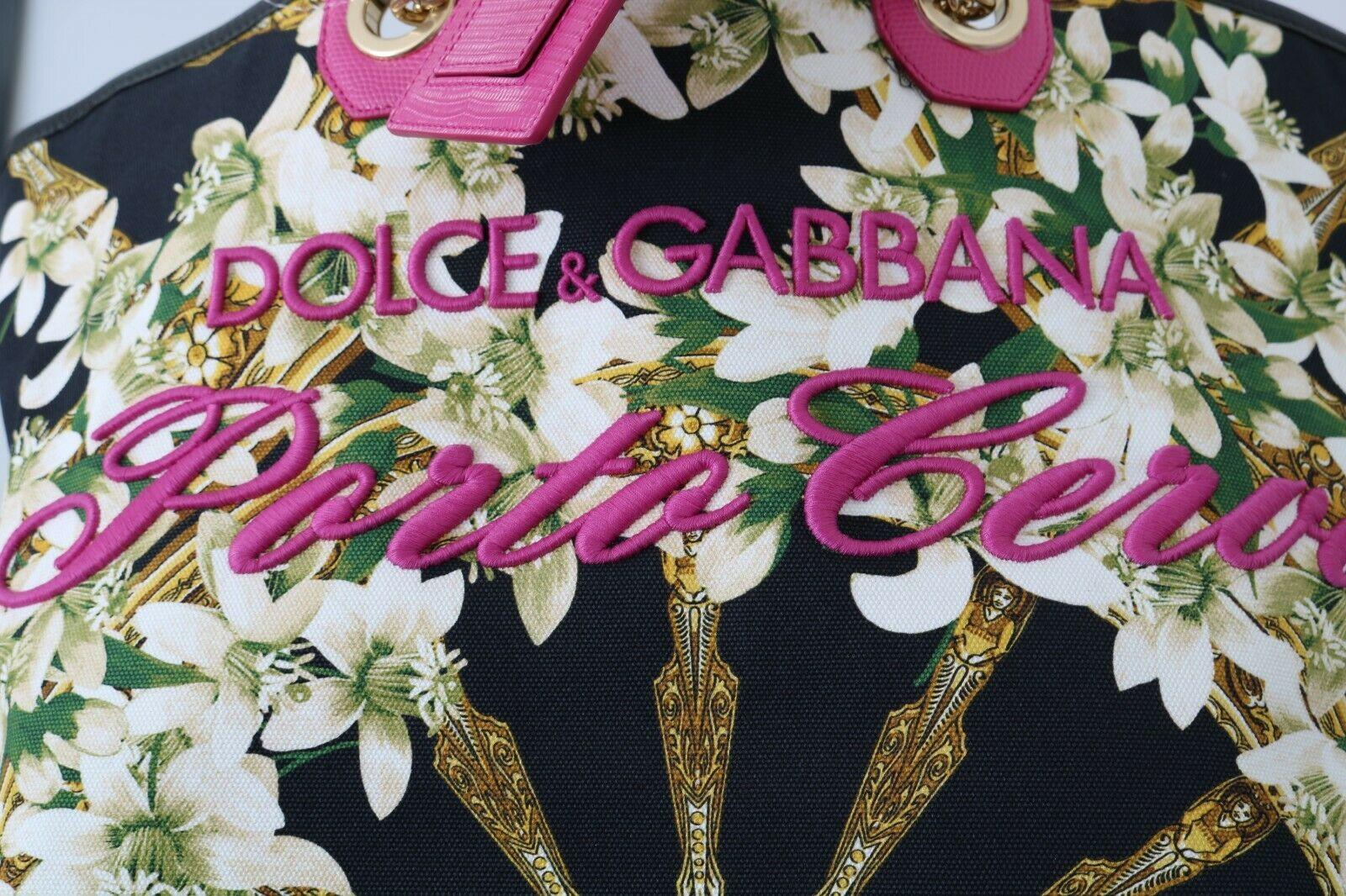 Brown Dolce & Gabbana Black Pink Cotton Floral Porto Cervo Capri Tote Bag Handbag