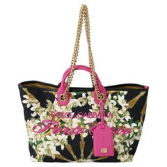 Dolce & Gabbana Black Pink Cotton Floral Porto Cervo Capri Tote Bag Handbag