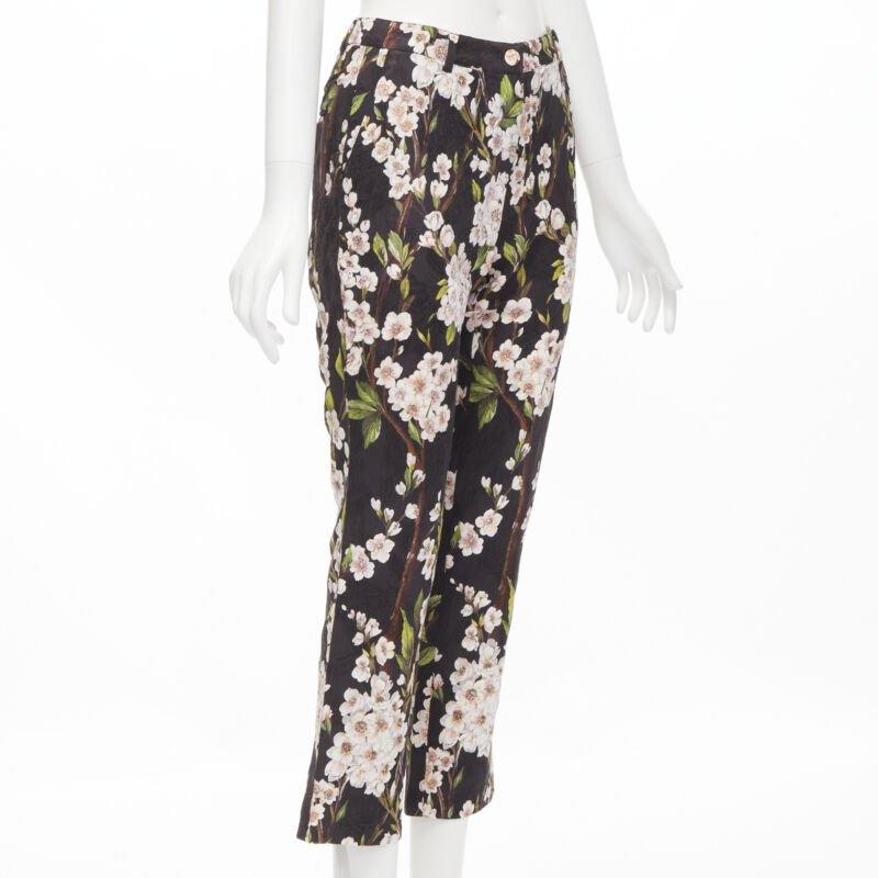 Black DOLCE GABBANA black pink floral blossom print jacquard cropped pants IT36 XXS For Sale