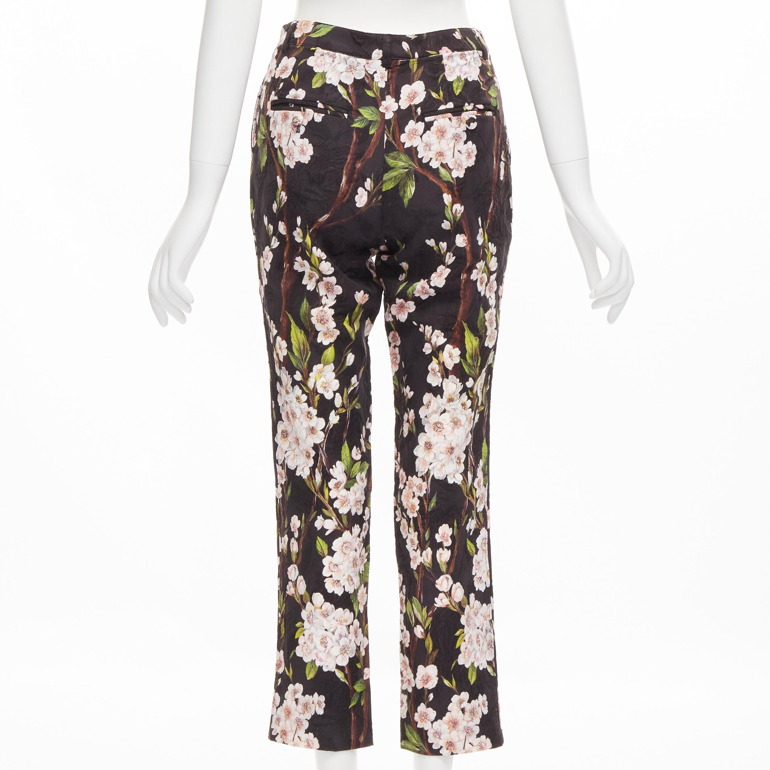 Black DOLCE GABBANA black pink floral blossom print jacquard cropped pants IT36 XXS