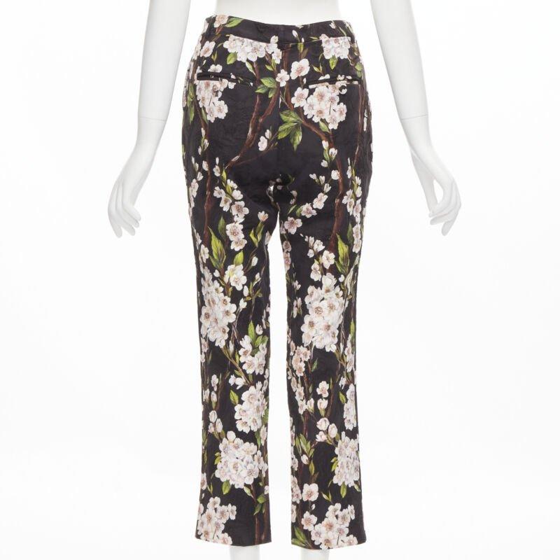 Women's DOLCE GABBANA black pink floral blossom print jacquard cropped pants IT36 XXS For Sale