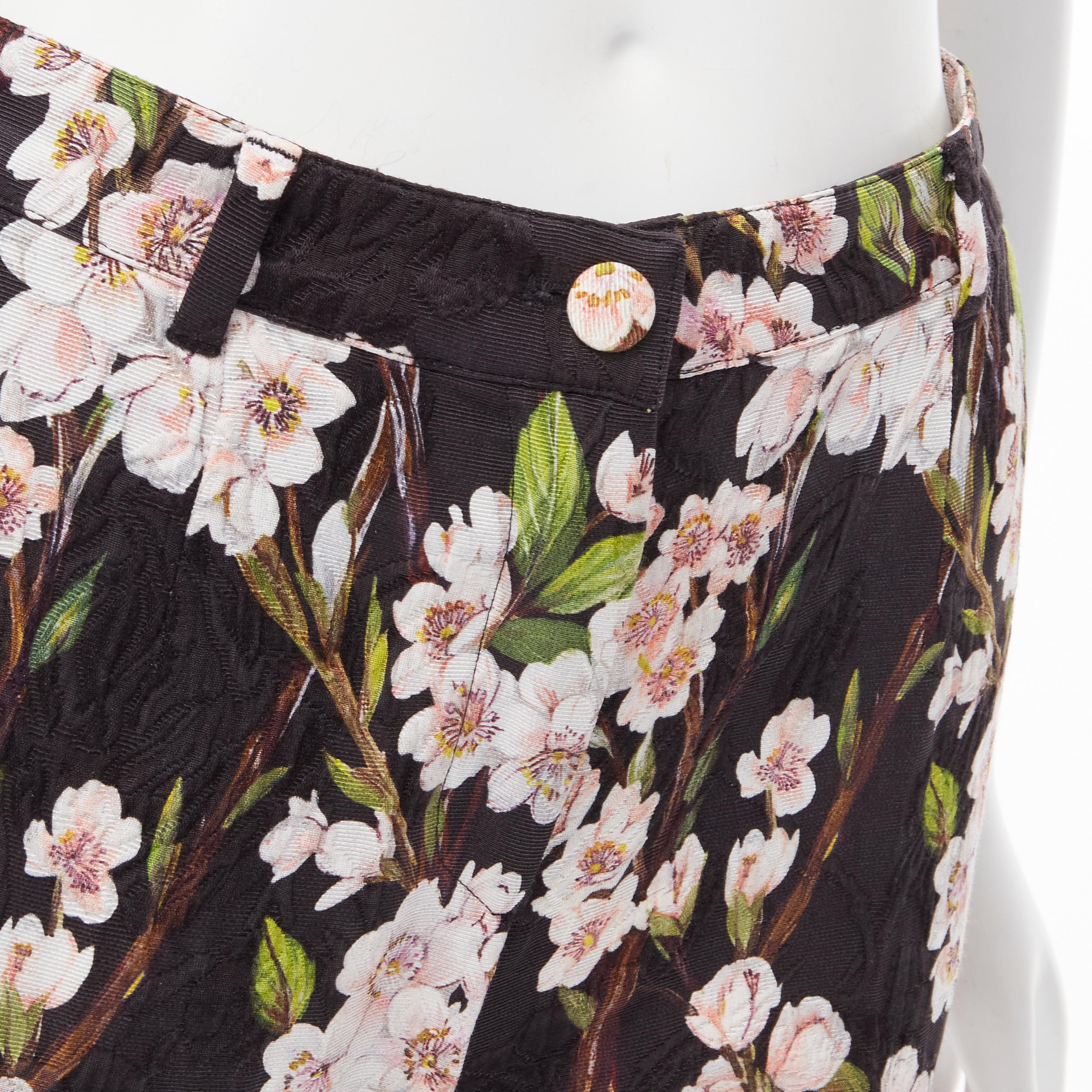 Women's DOLCE GABBANA black pink floral blossom print jacquard cropped pants IT36 XXS