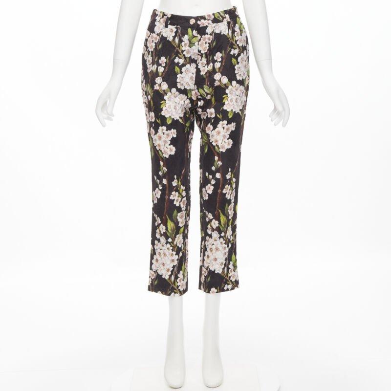 DOLCE GABBANA black pink floral blossom print jacquard cropped pants IT36 XXS For Sale 4
