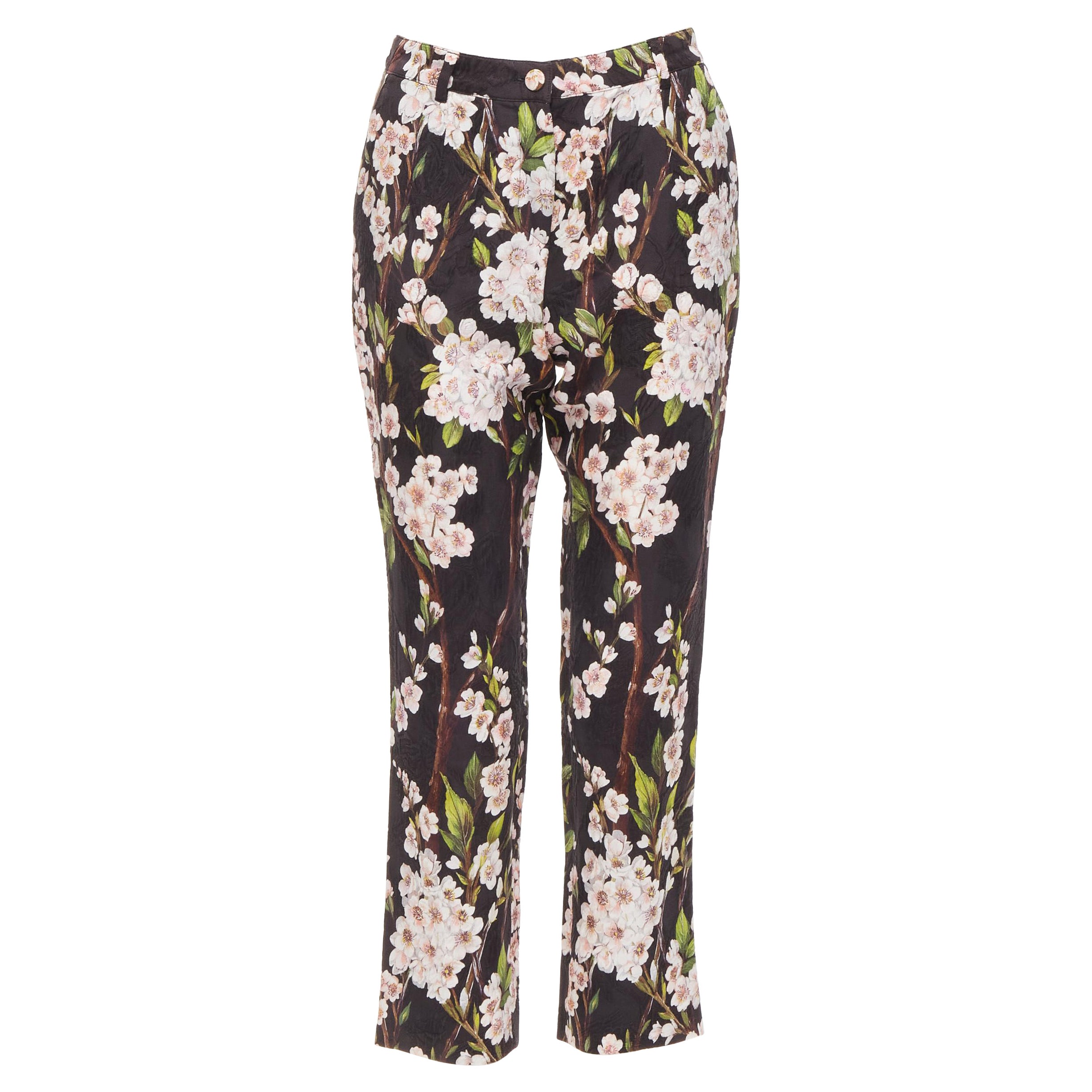 DOLCE GABBANA black pink floral blossom print jacquard cropped pants IT36 XXS