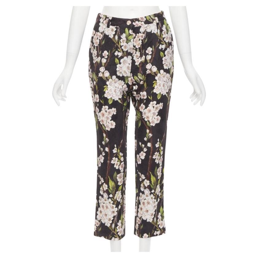 DOLCE GABBANA black pink floral blossom print jacquard cropped pants IT36 XXS For Sale