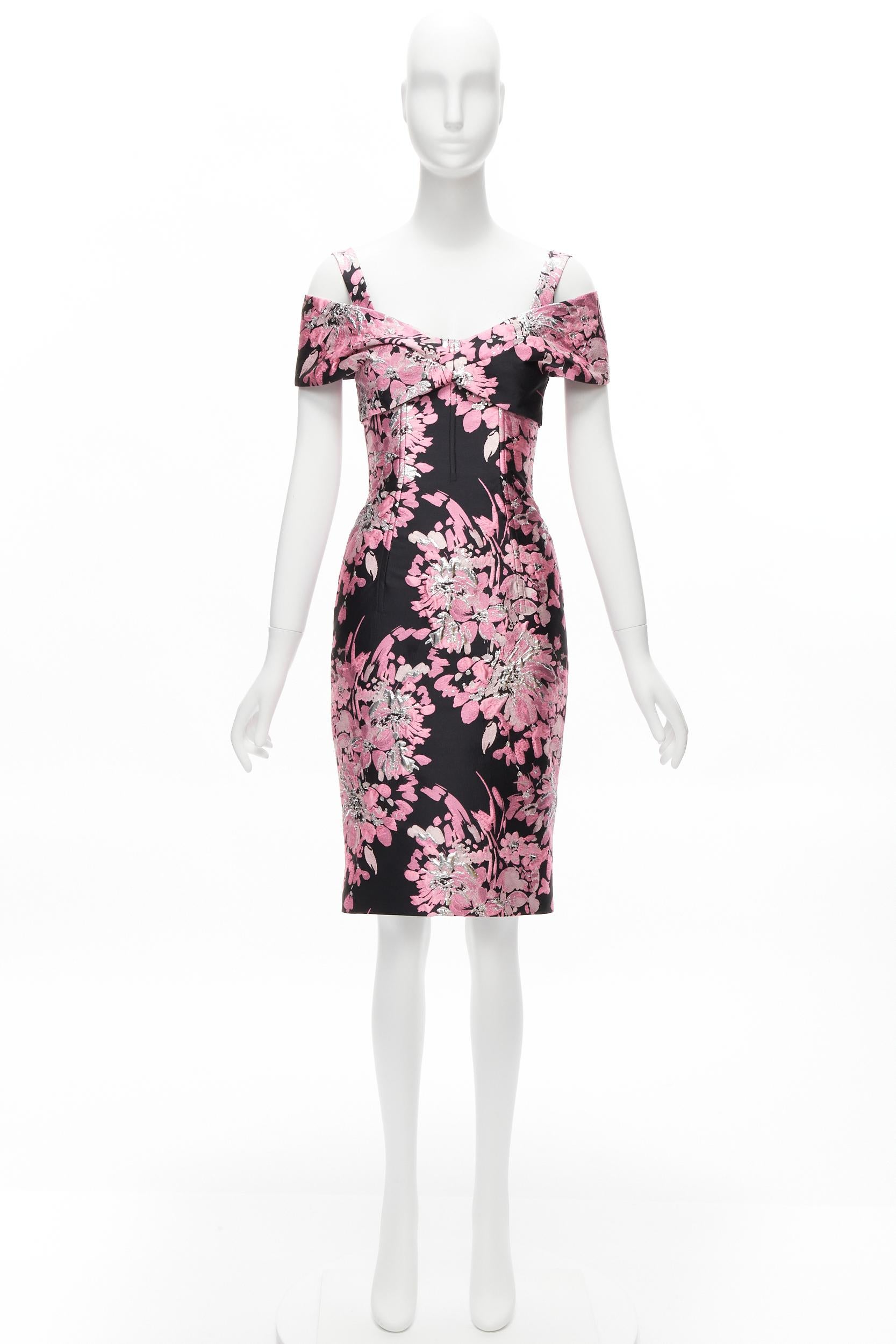 DOLCE GABBANA black pink floral jacquard off shoulder corsetted dress IT36 XXS For Sale 5