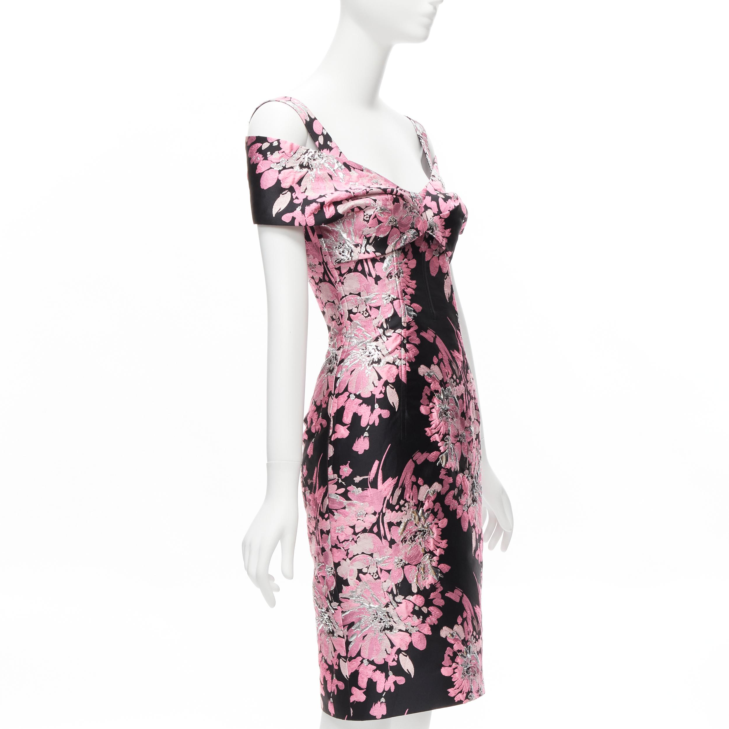 Gray DOLCE GABBANA black pink floral jacquard off shoulder corsetted dress IT36 XXS For Sale