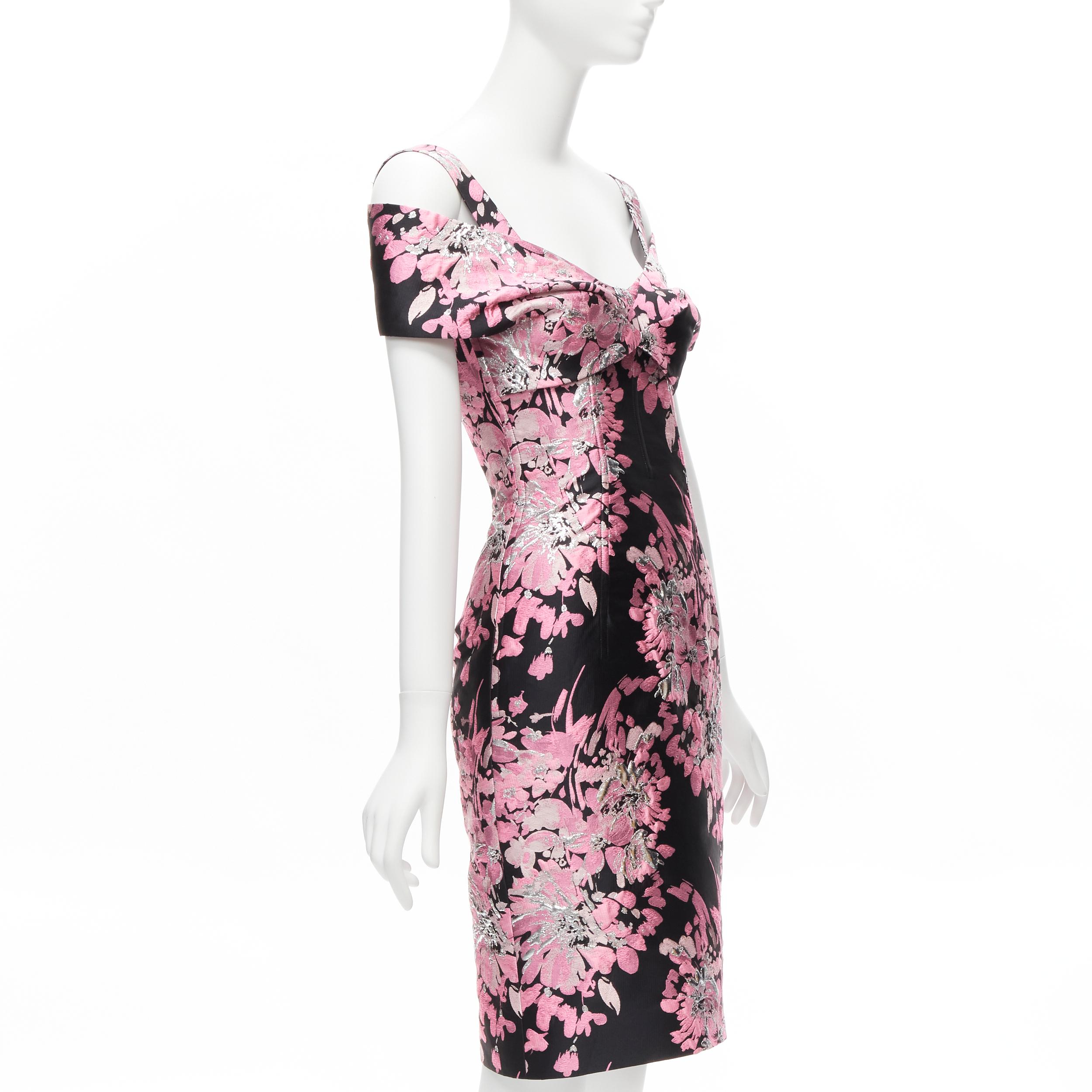 DOLCE GABBANA black pink floral jacquard off shoulder corsetted dress IT36 XXS In Good Condition For Sale In Hong Kong, NT