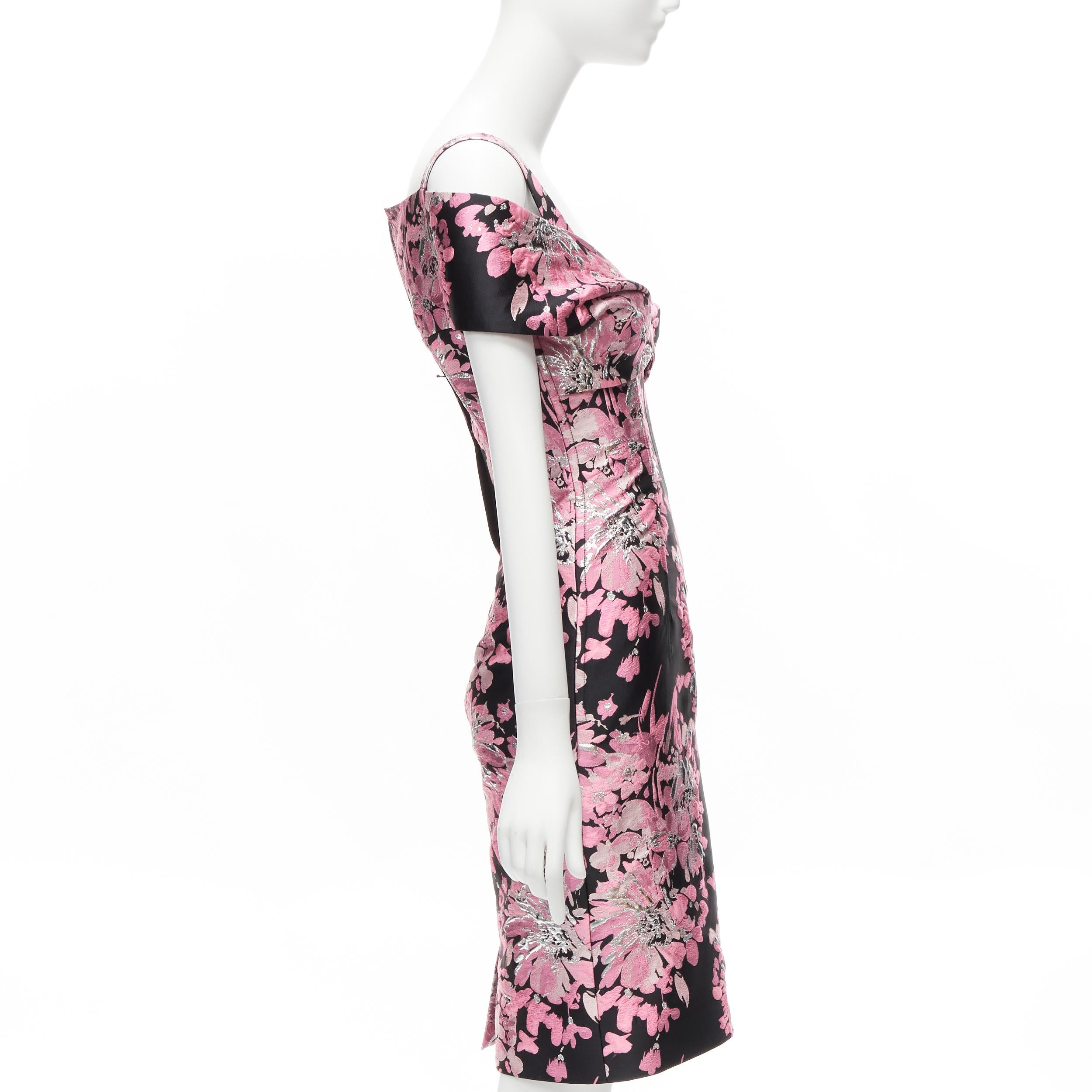 DOLCE GABBANA black pink floral jacquard off shoulder corsetted dress IT36 XXS In Good Condition For Sale In Hong Kong, NT