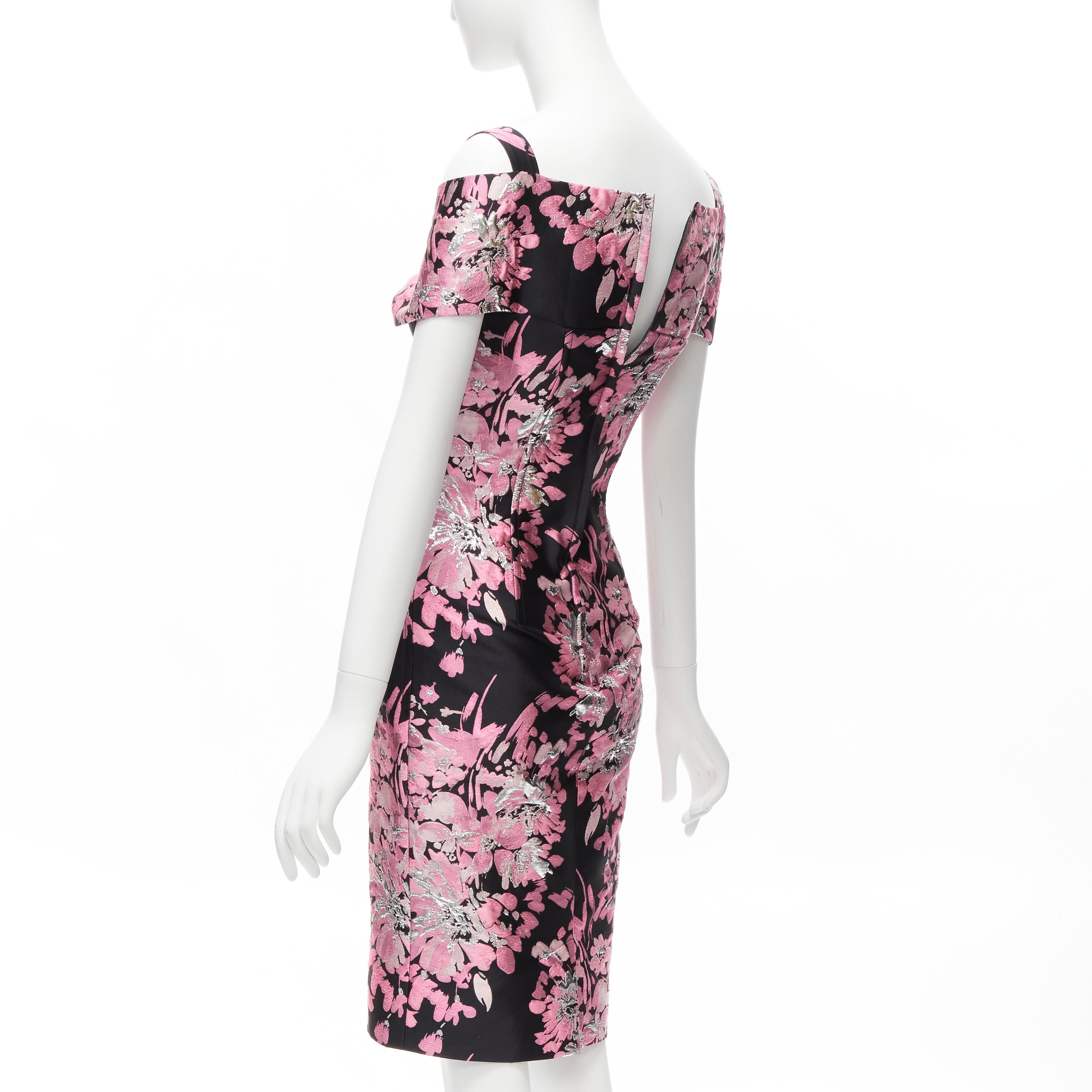 DOLCE GABBANA black pink floral jacquard off shoulder corsetted dress IT36 XXS For Sale 2