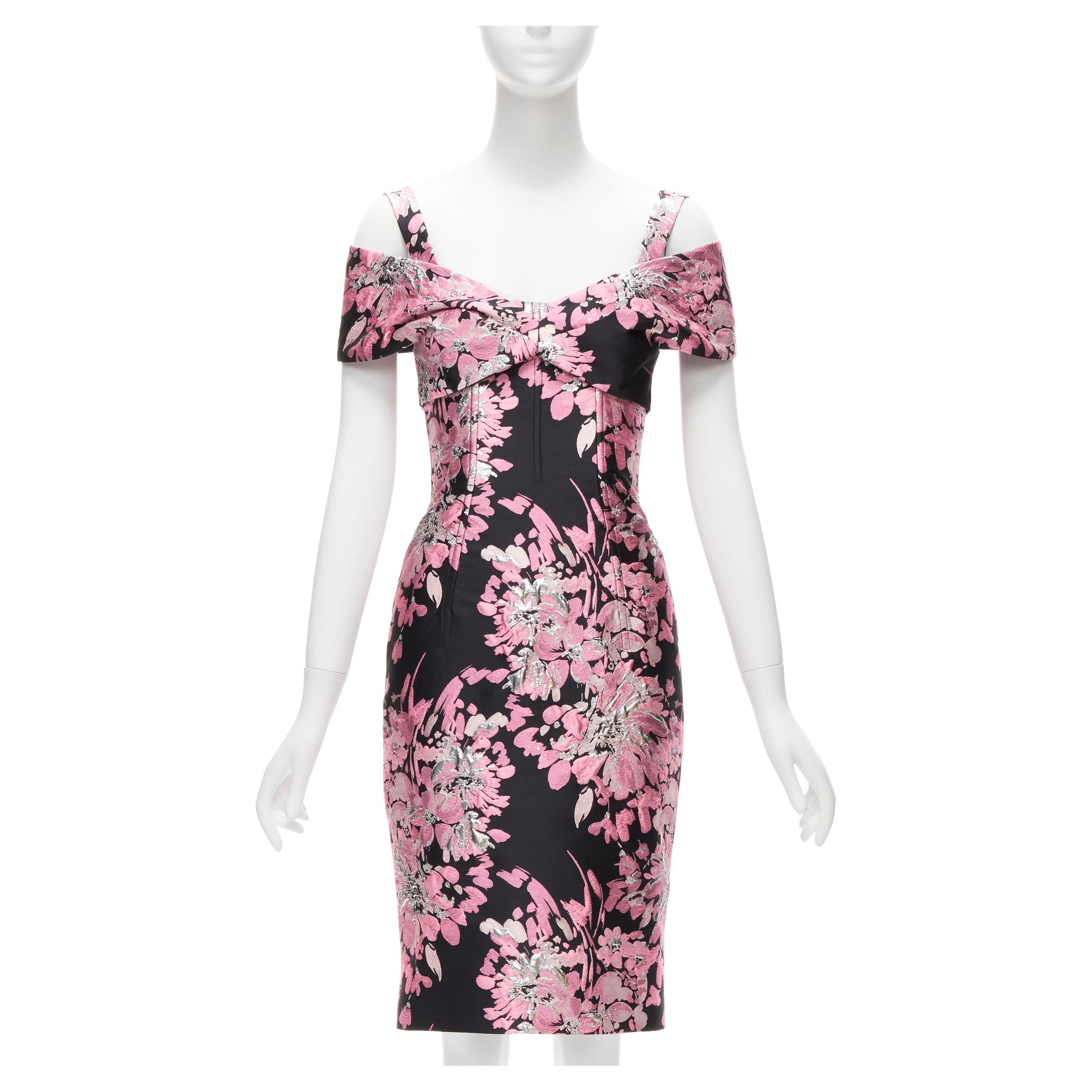 DOLCE GABBANA black pink floral jacquard off shoulder corsetted dress IT36 XXS For Sale