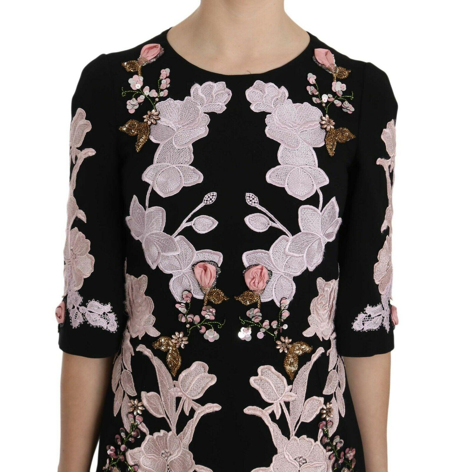 Women's Dolce & Gabbana Black Pink Floral Lace Runway Maxi Long Dress Crystal Flower