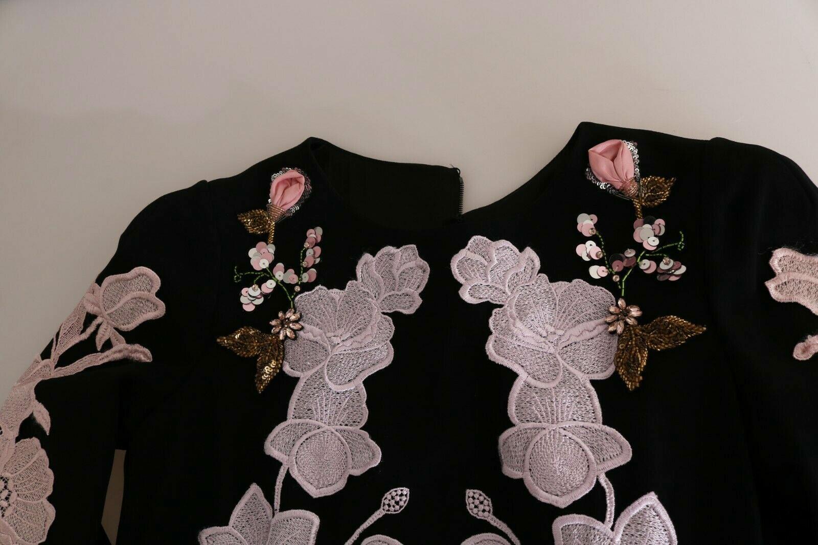 Dolce & Gabbana Black Pink Floral Lace Runway Maxi Long Dress Crystal Flower 1