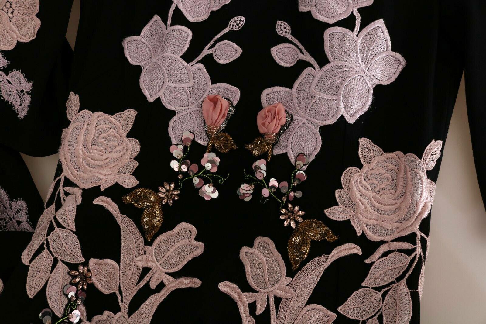 Dolce & Gabbana Black Pink Floral Lace Runway Maxi Long Dress Crystal Flower 2