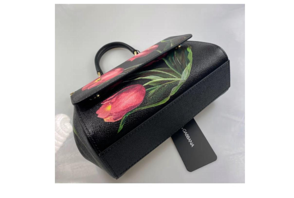 Dolce & Gabbana Schwarz Rosa Leder Tulpen Sizilien Handtasche Umhängetasche Blumen Damen