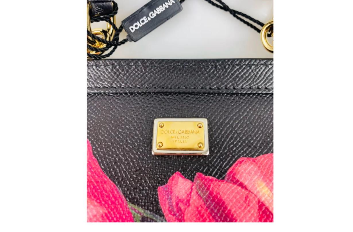 Dolce & Gabbana Schwarz Rosa Leder Tulpen Sizilien Handtasche Umhängetasche Blumen 1