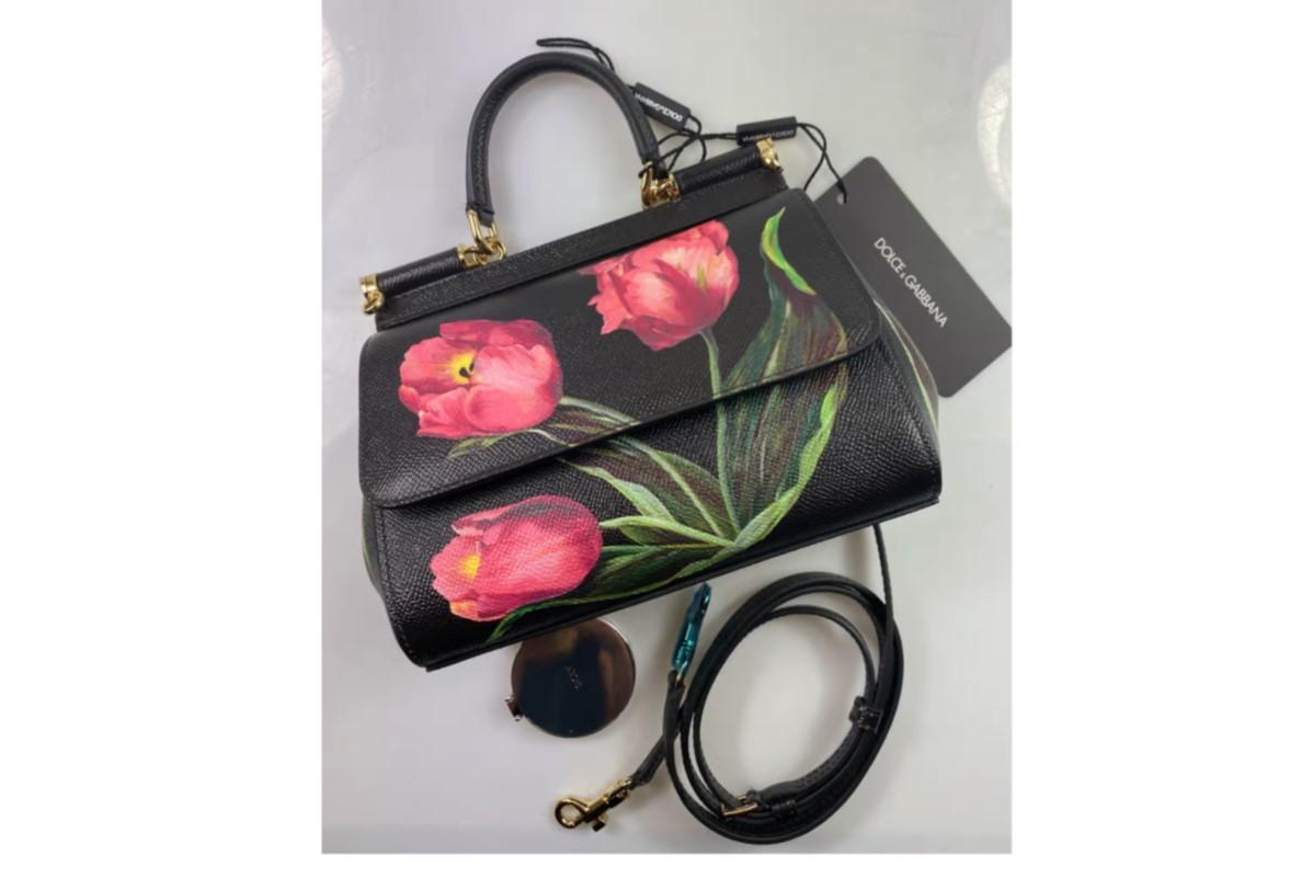 Dolce & Gabbana Schwarz Rosa Leder Tulpen Sizilien Handtasche Umhängetasche Blumen 2