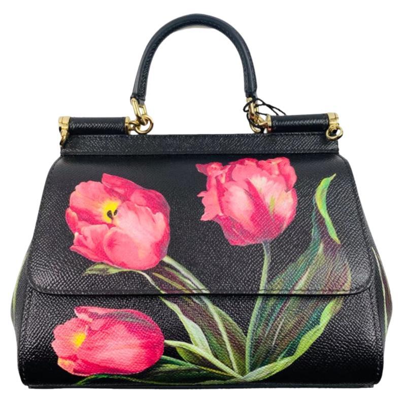 Dolce and Gabbana Black Pink Leather Tulips Sicily Handbag Shoulder Bag  Flowers at 1stDibs
